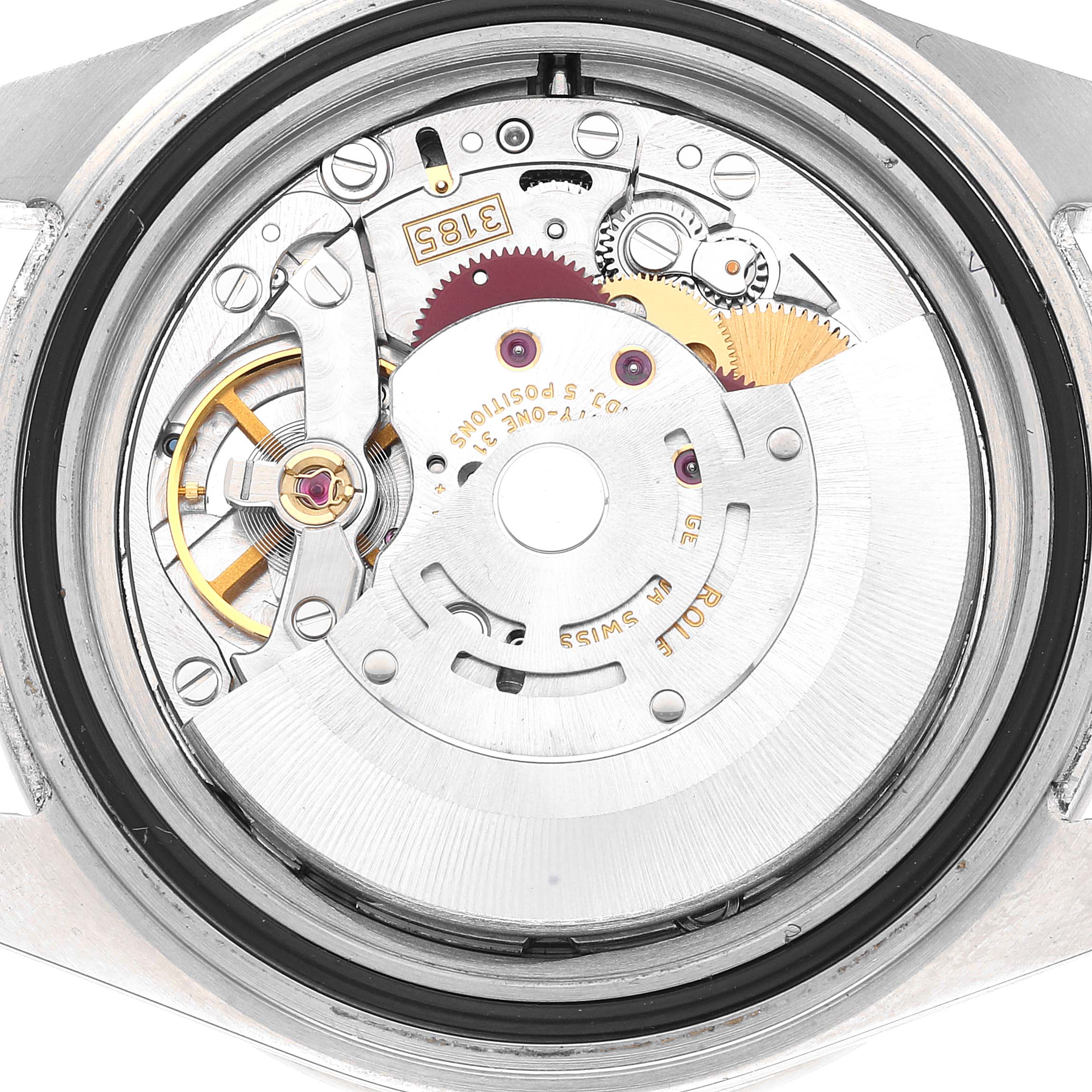 The image shows the internal mechanism of a Rolex Explorer 16570T Men
s Stainless Steel White Dial 16570T Men
s Stainless Steel White Dial watch, focusing on the movement components from a top-down angle.