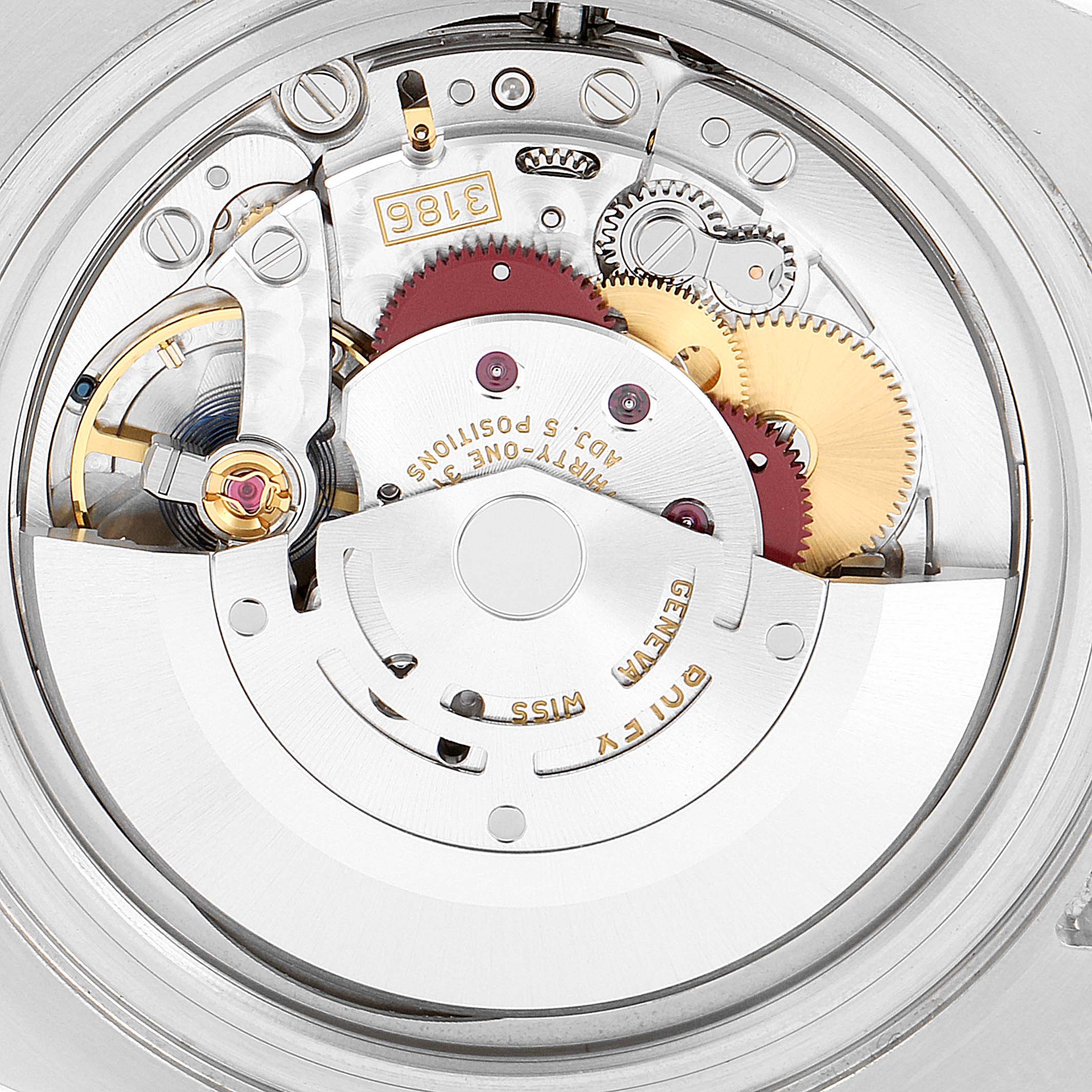 This is a close-up view of the movement inside a Rolex GMT-Master 116710 Men's Stainless Steel Black Dial 116710 Men's Stainless Steel Black Dial watch, showing the intricate gears and components.