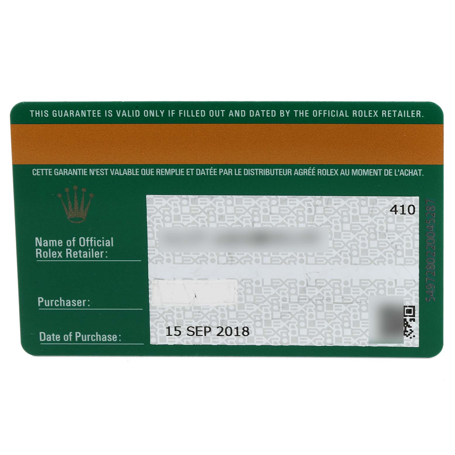 This image shows the guarantee card for the Rolex GMT-Master 116710 Men's Stainless Steel Black Dial 116710 Men's Stainless Steel Black Dial model, filled out and dated.