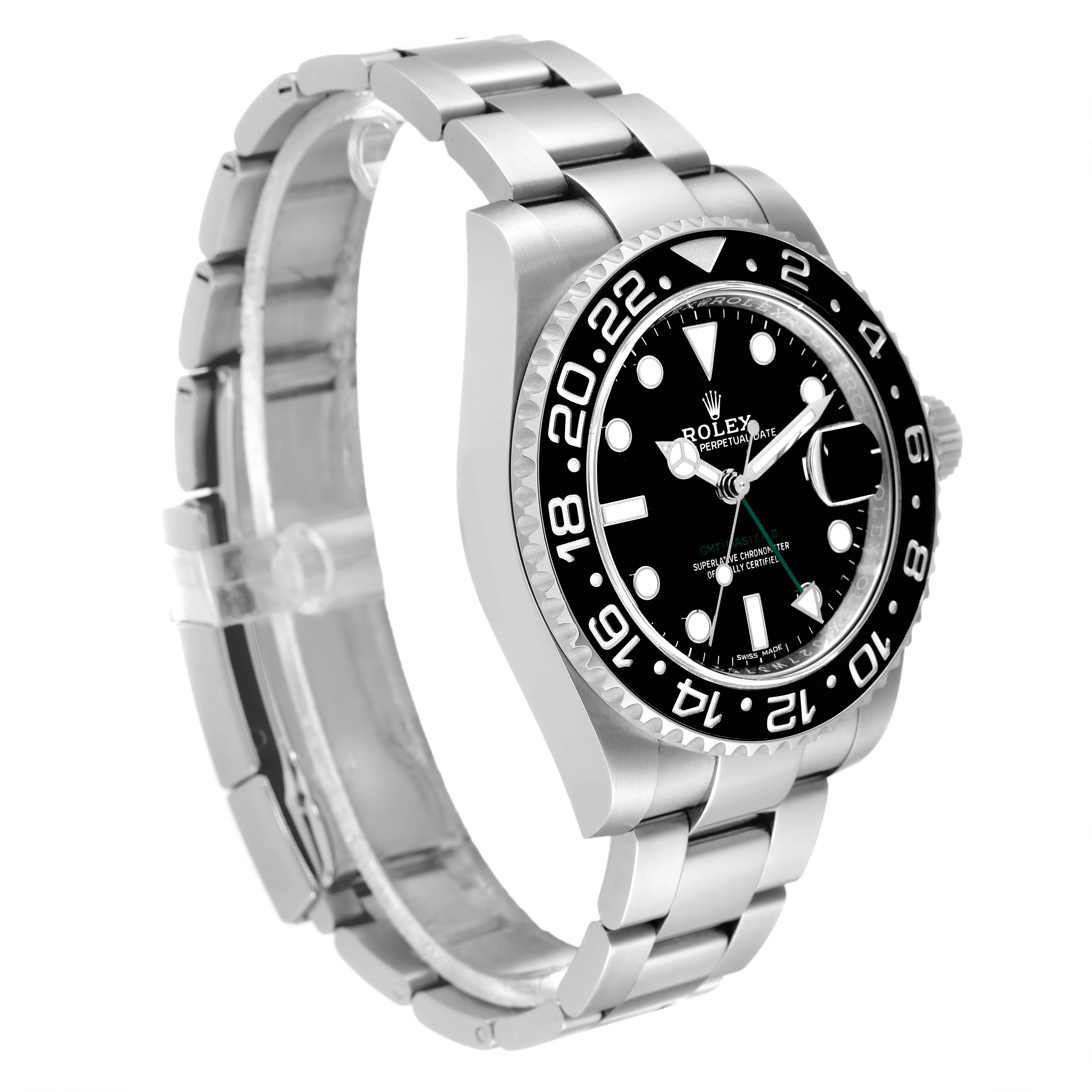 This image shows a side angle view of the Rolex GMT-Master 116710 Men's Stainless Steel Black Dial 116710 Men's Stainless Steel Black Dial watch, displaying its bezel, dial, and bracelet.