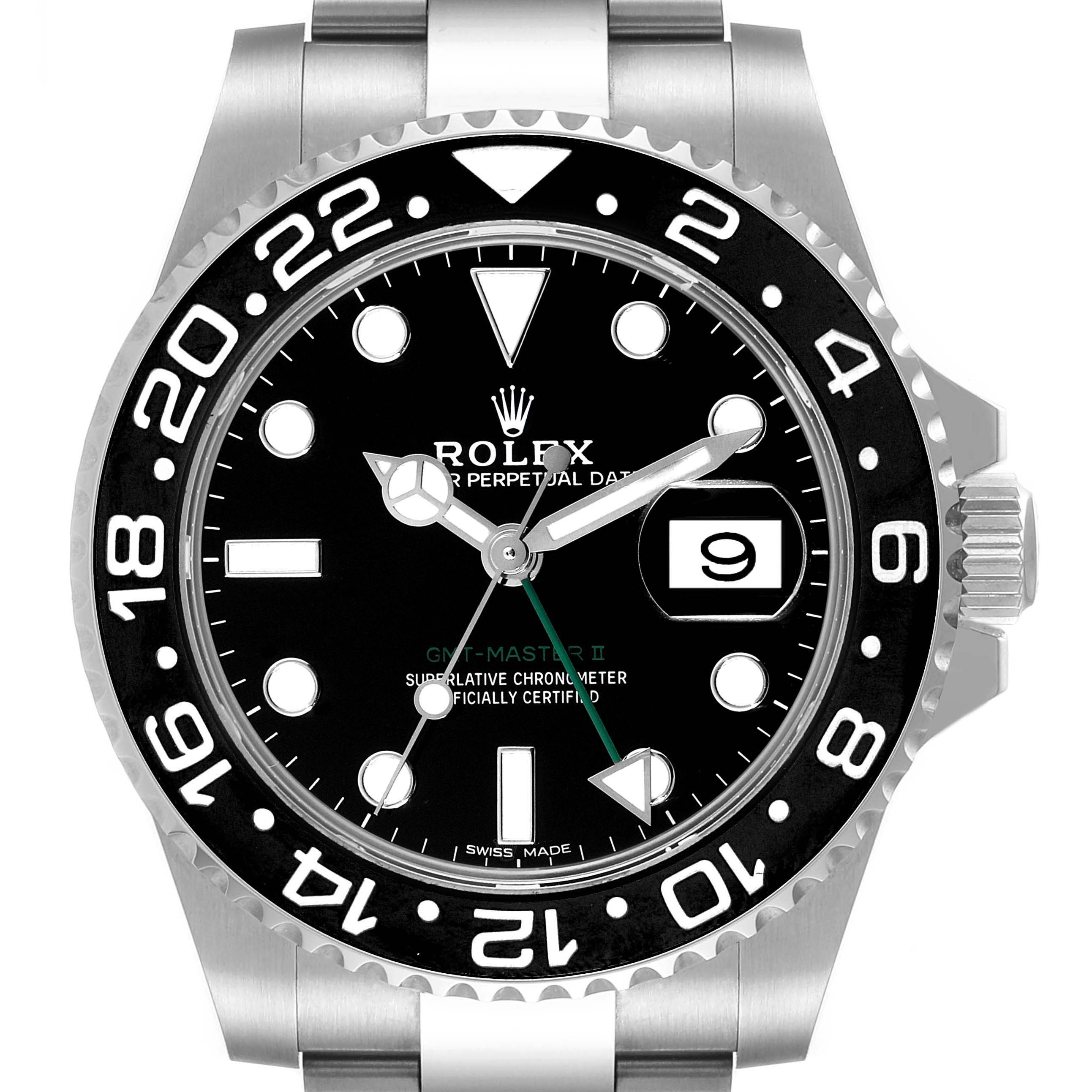 The image shows a front view of a Rolex GMT-Master 116710 Men's Stainless Steel Black Dial 116710 Men's Stainless Steel Black Dial II watch, displaying its dial, bezel, and part of its bracelet.