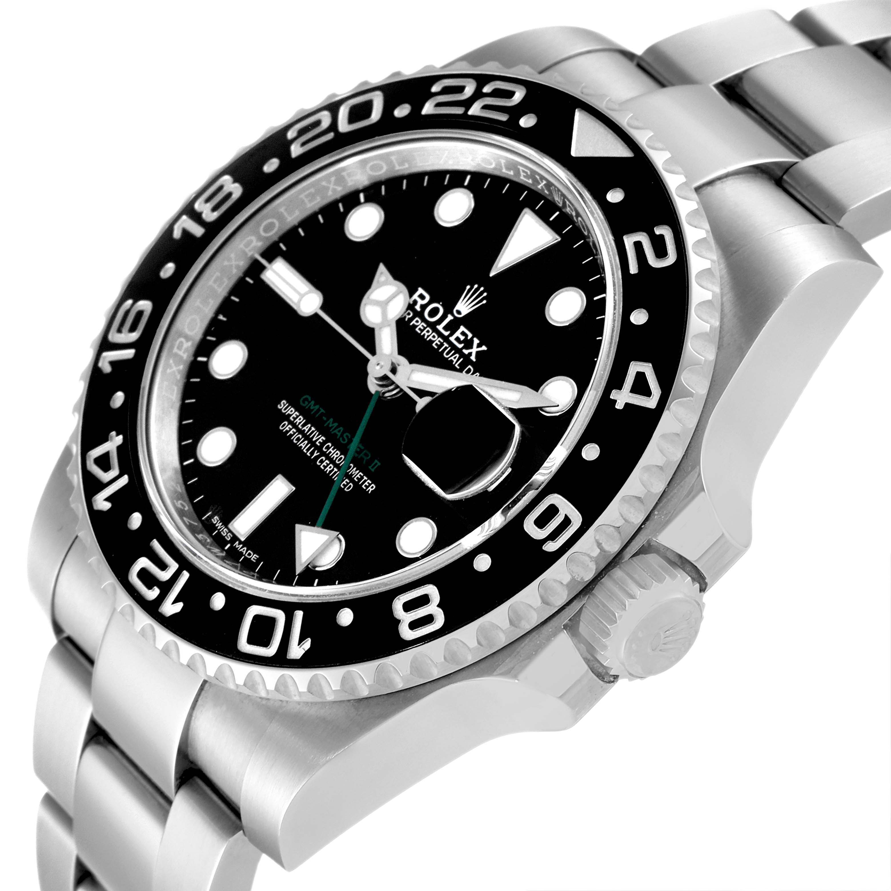 This image shows a Rolex GMT-Master 116710 Men's Stainless Steel Black Dial 116710 Men's Stainless Steel Black Dial watch, angled from the right, displaying the face, bezel, crown, and part of the bracelet.