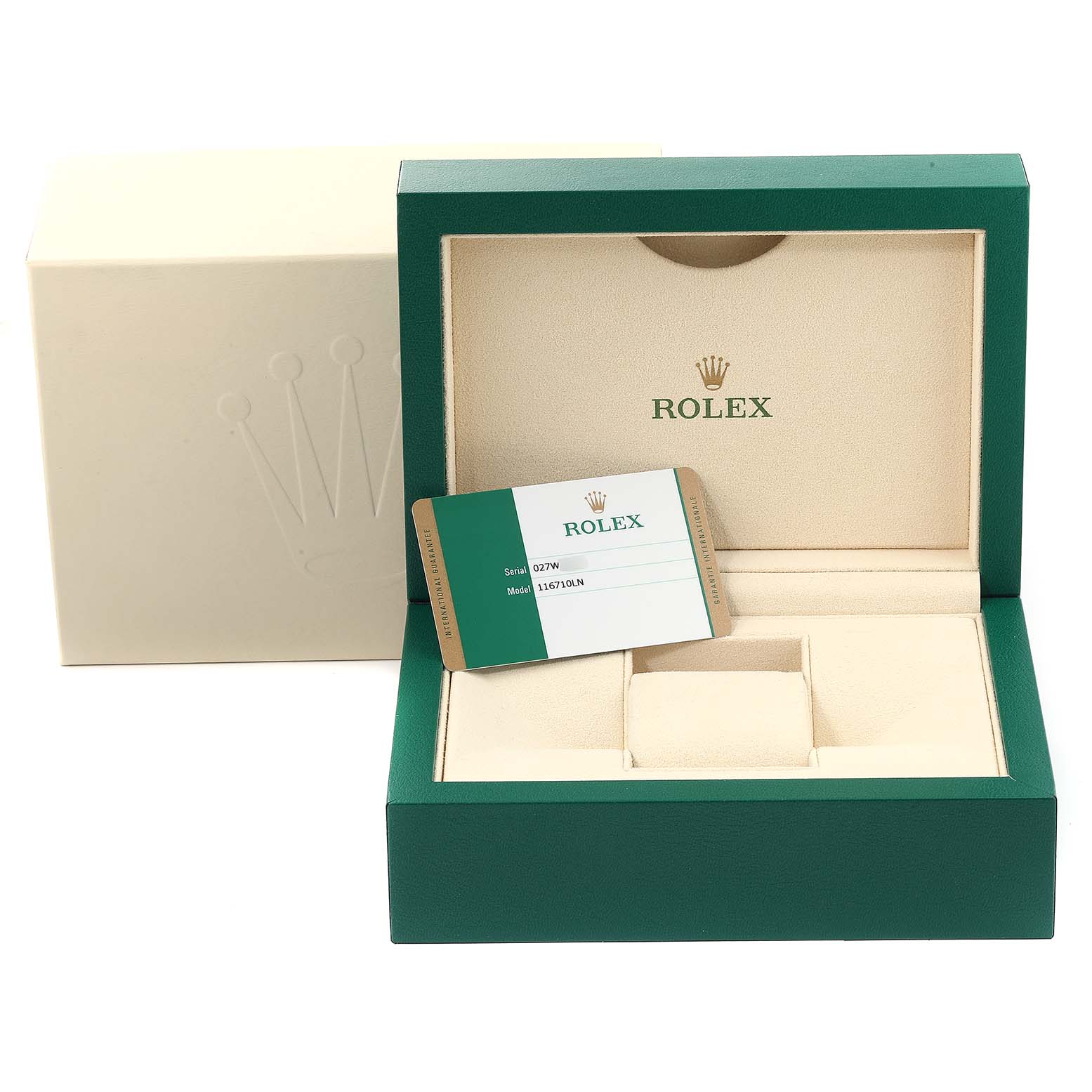 This image shows the open box and certification card for a Rolex GMT-Master 116710 Men's Stainless Steel Black Dial 116710 Men's Stainless Steel Black Dial watch.