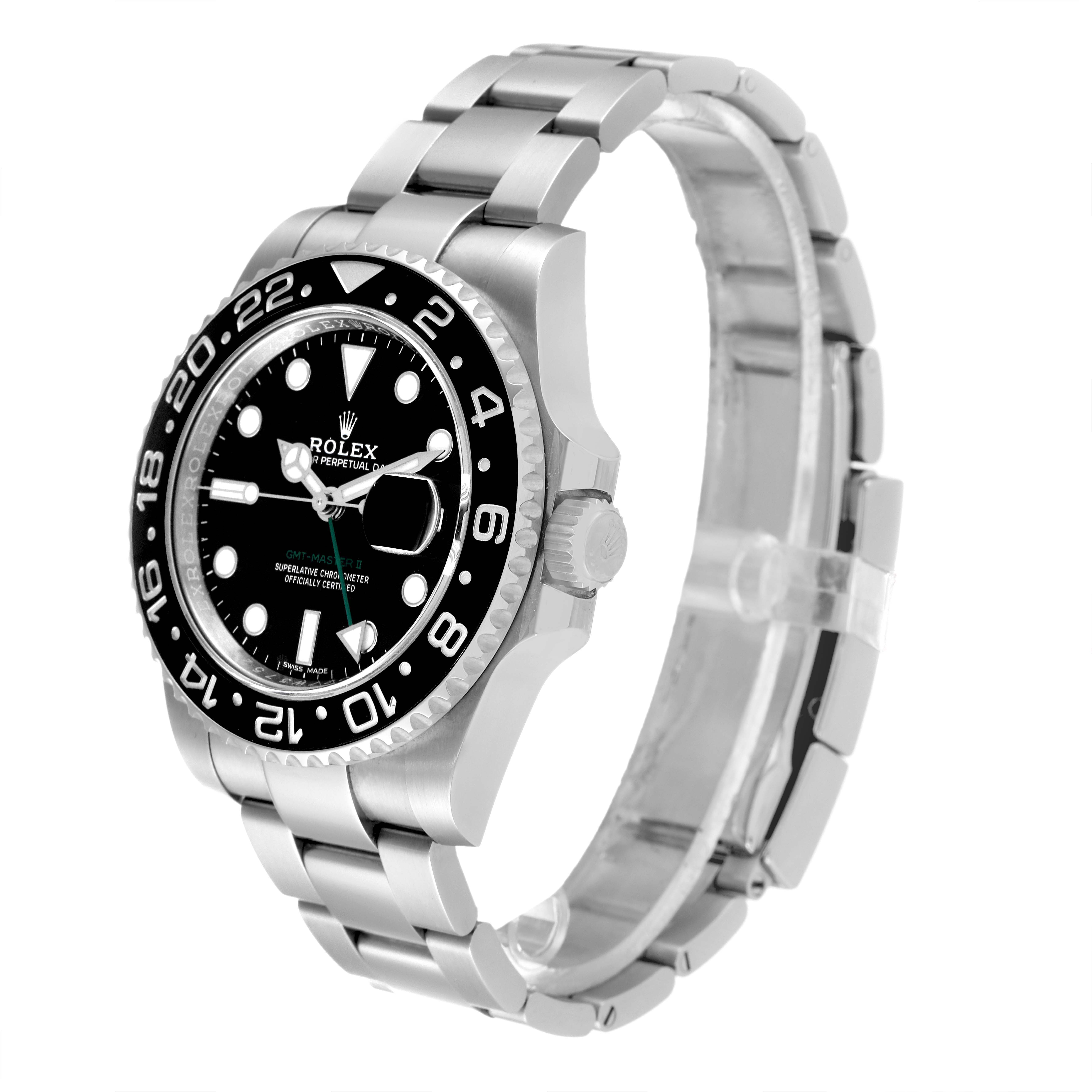 This image shows the Rolex GMT-Master 116710 Men's Stainless Steel Black Dial 116710 Men's Stainless Steel Black Dial watch at a slight angle, highlighting its dial, bezel, crown, and bracelet.
