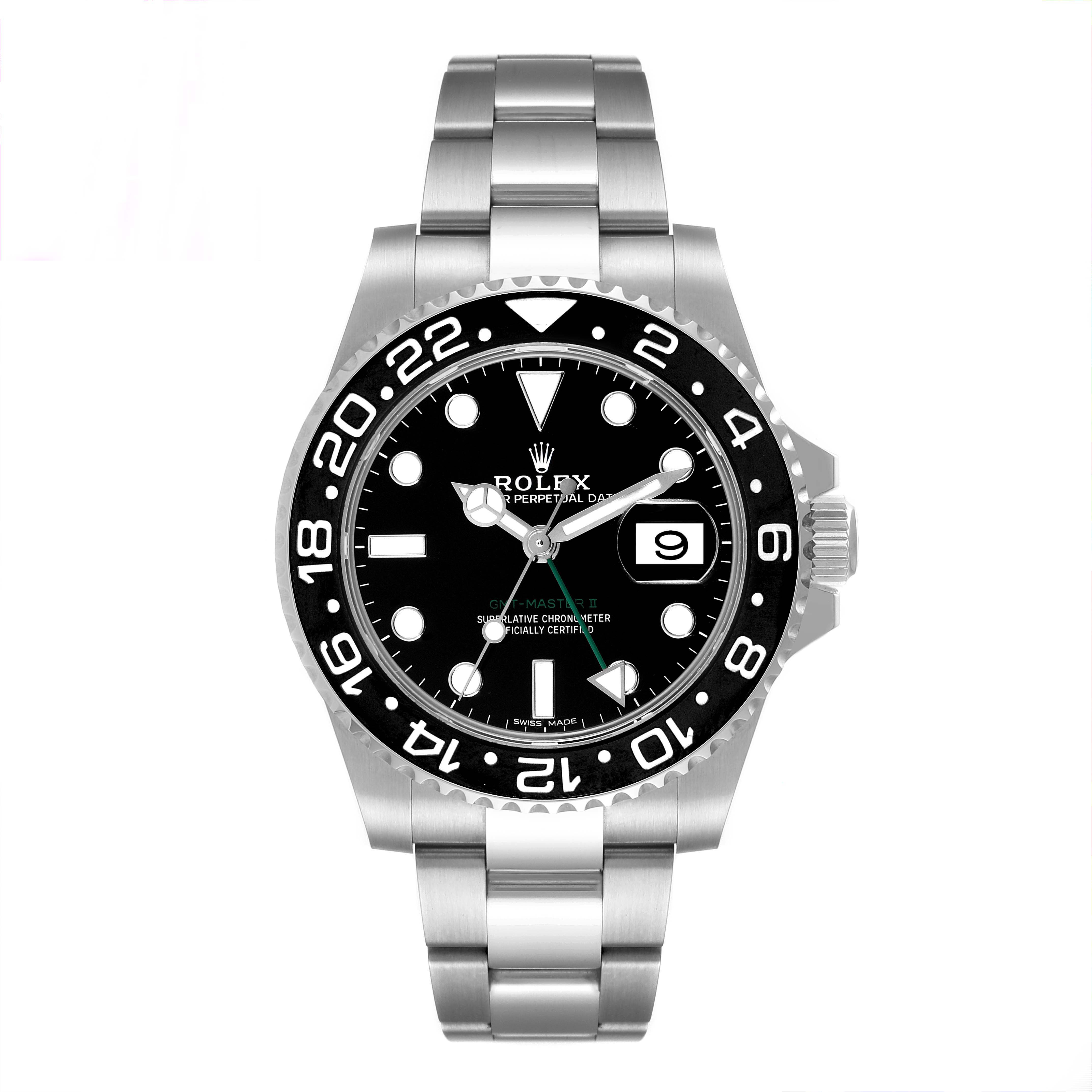 The Rolex GMT-Master 116710 Men's Stainless Steel Black Dial 116710 Men's Stainless Steel Black Dial watch is shown from a front angle, highlighting the dial, bezel, hands, and bracelet.
