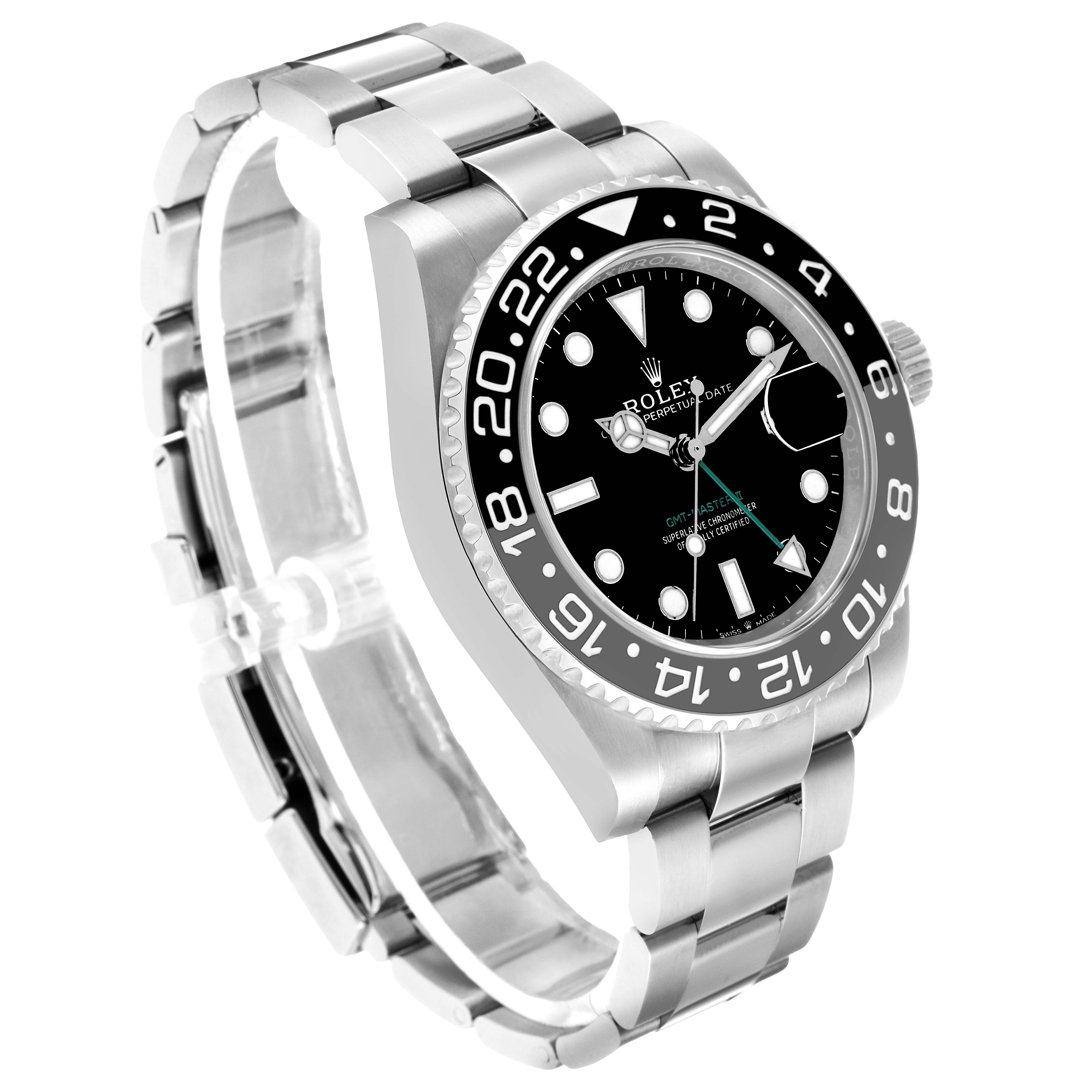 The Rolex GMT-Master 126710GRNR Men's Stainless Steel Black Dial watch is shown at an angled view displaying the bracelet, case, bezel, and face.