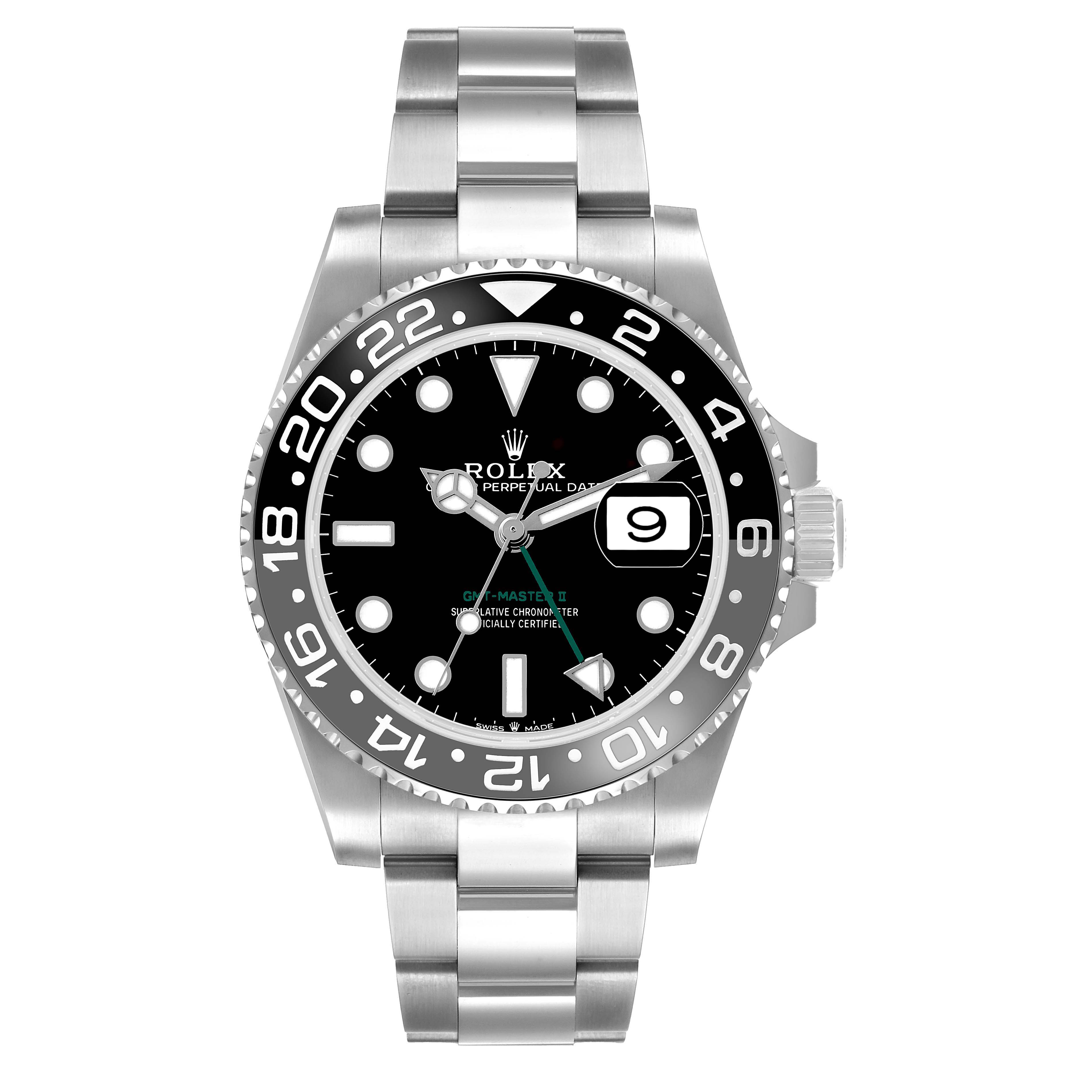 The Rolex GMT-Master 126710GRNR Men's Stainless Steel Black Dial watch is shown from a front angle, displaying its face, bezel, and bracelet.