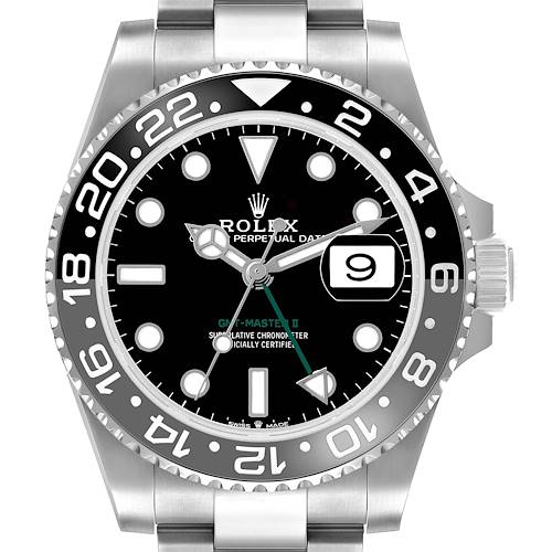 The Rolex GMT-Master 126710GRNR Men's Stainless Steel Black Dial watch is shown from a front angle, highlighting its bezel, dial, hands, and crown.