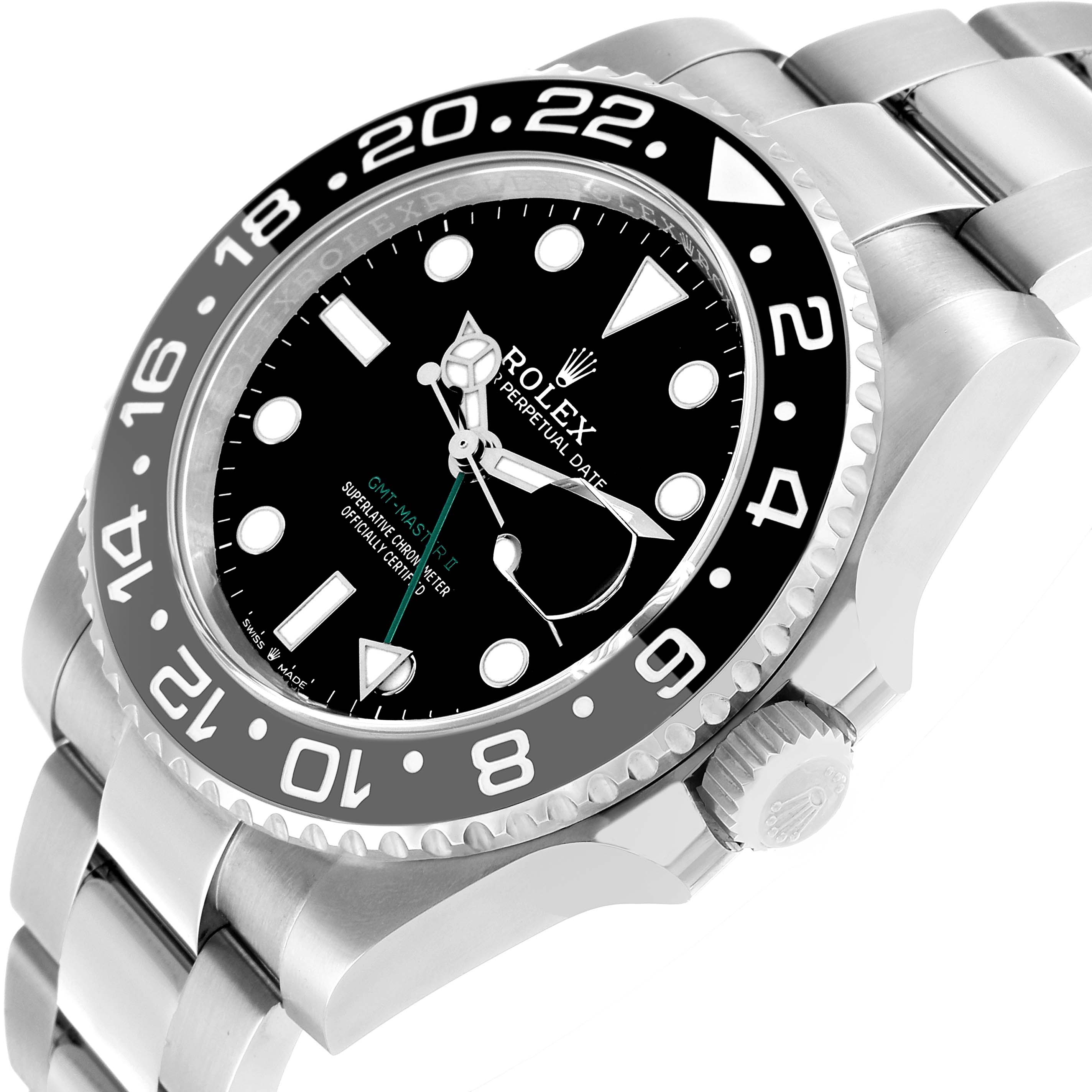 The Rolex GMT-Master 126710GRNR Men's Stainless Steel Black Dial watch is shown from a slight side angle, displaying the dial, bezel, crown, and part of the bracelet.