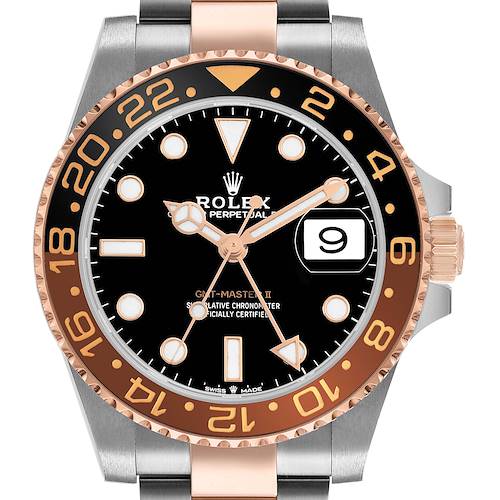 The Rolex GMT-Master M126711CHNR Men's Steel and Gold (two tone) Black Dial watch is shown straight-on, displaying the dial, bezel, and part of the bracelet.