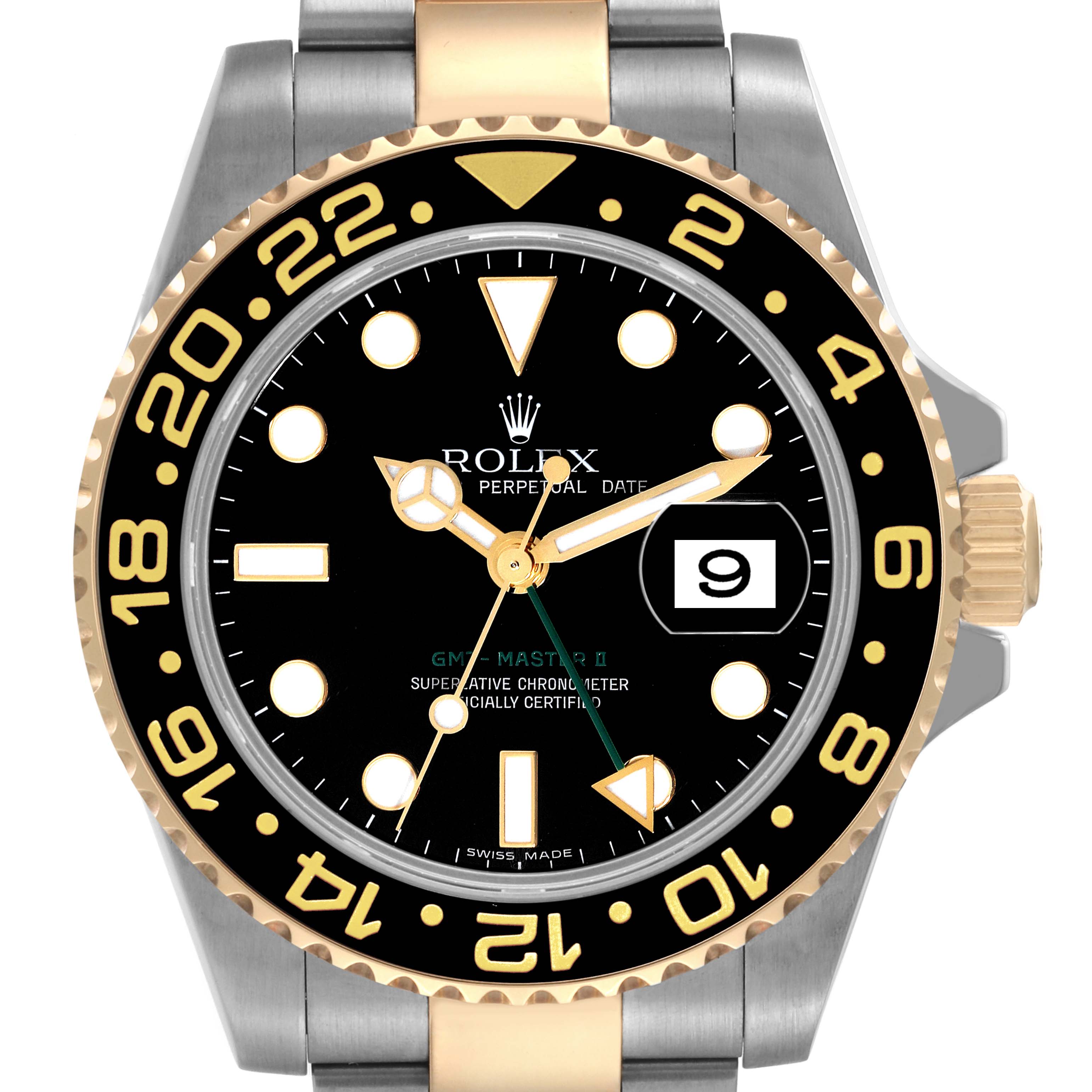 The image shows a front view of the Rolex GMT-Master 116713 Men's Steel and Gold (two tone) Black Dial 116713 Men's Steel and Gold (two tone) Black Dial watch, highlighting the face, bezel, crown, and part of the bracelet.