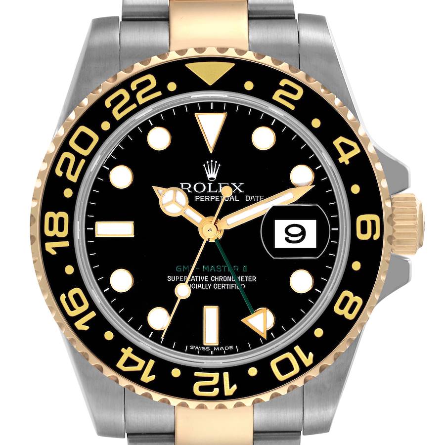 Rolex GMT Master II Steel Yellow Gold Black Dial Mens Watch 116713 Box Card SwissWatchExpo