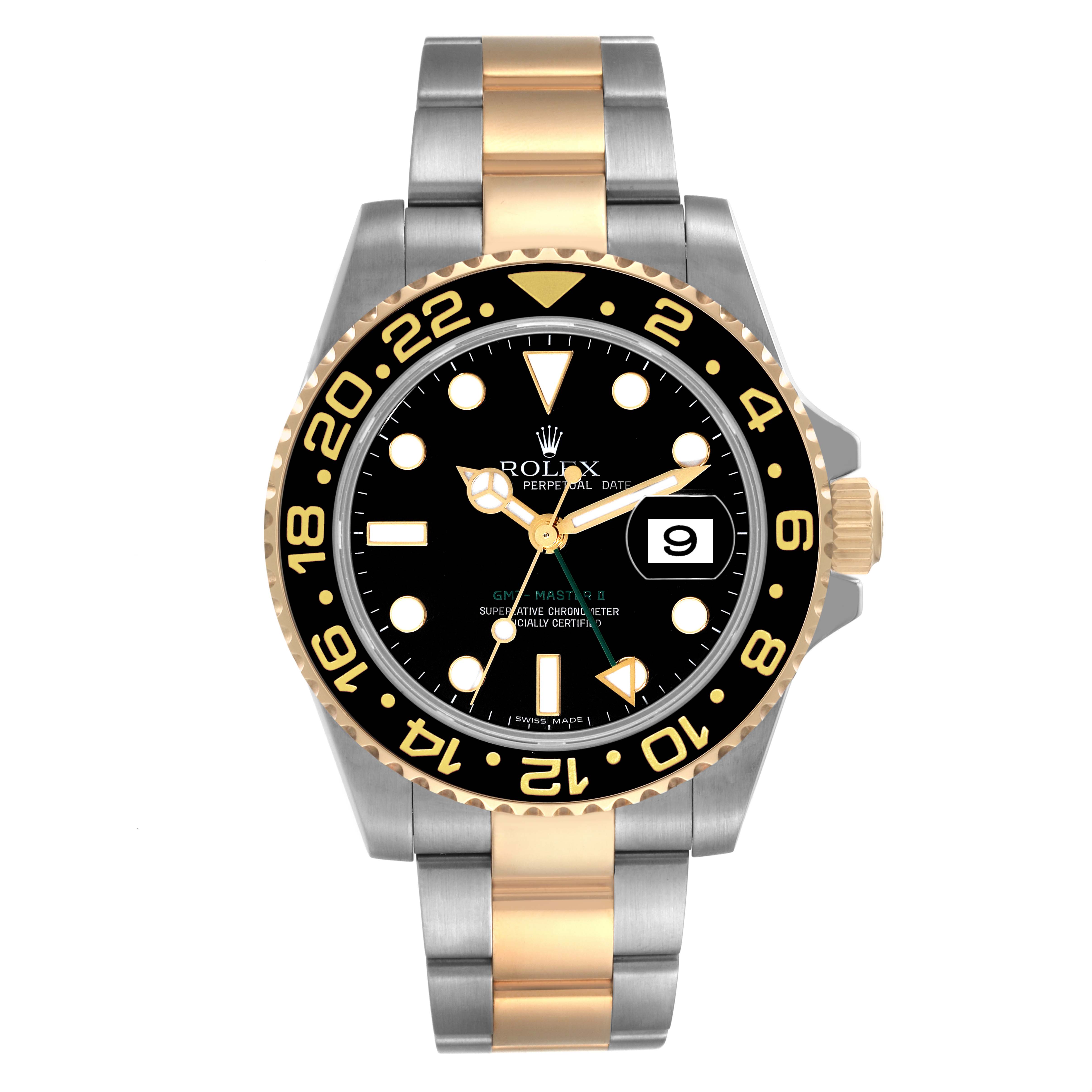 The image shows a front view of the Rolex GMT-Master 116713 Men's Steel and Gold (two tone) Black Dial 116713 Men's Steel and Gold (two tone) Black Dial watch, featuring a two-tone strap and a black bezel with gold accents.