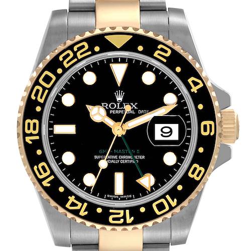 Photo of Rolex GMT Master II Steel Yellow Gold Black Dial Mens Watch 116713 Box Card