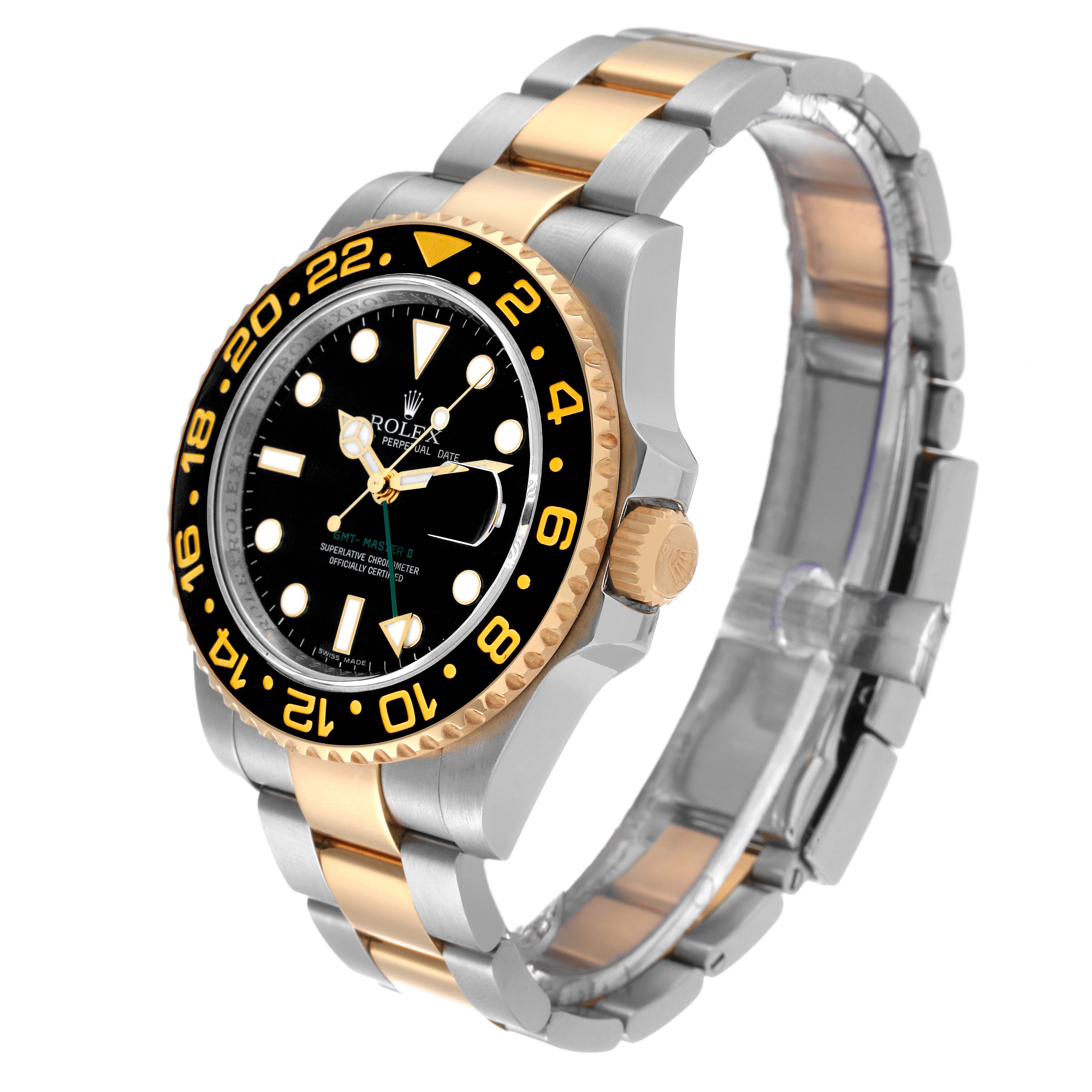 This Rolex GMT-Master 116713 Men's Steel and Gold (two tone) Black Dial 116713 Men's Steel and Gold (two tone) Black Dial watch is shown at an angle highlighting the face, bezel, crown, bracelet, and clasp.