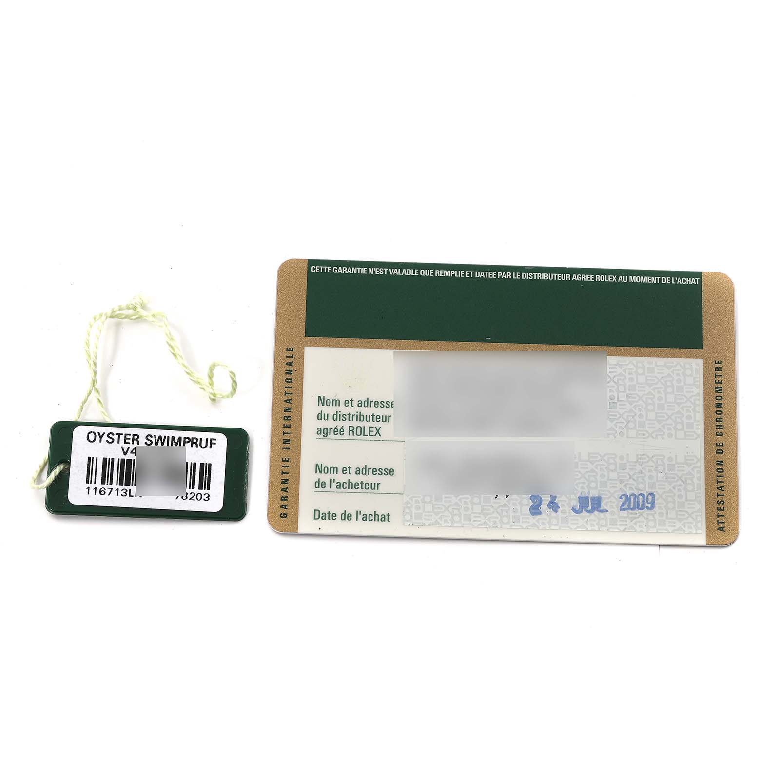 The image shows the warranty card and tag for a Rolex GMT-Master 116713 Men's Steel and Gold (two tone) Black Dial 116713 Men's Steel and Gold (two tone) Black Dial watch, with the tag labeled "Oyster Swimpruf".