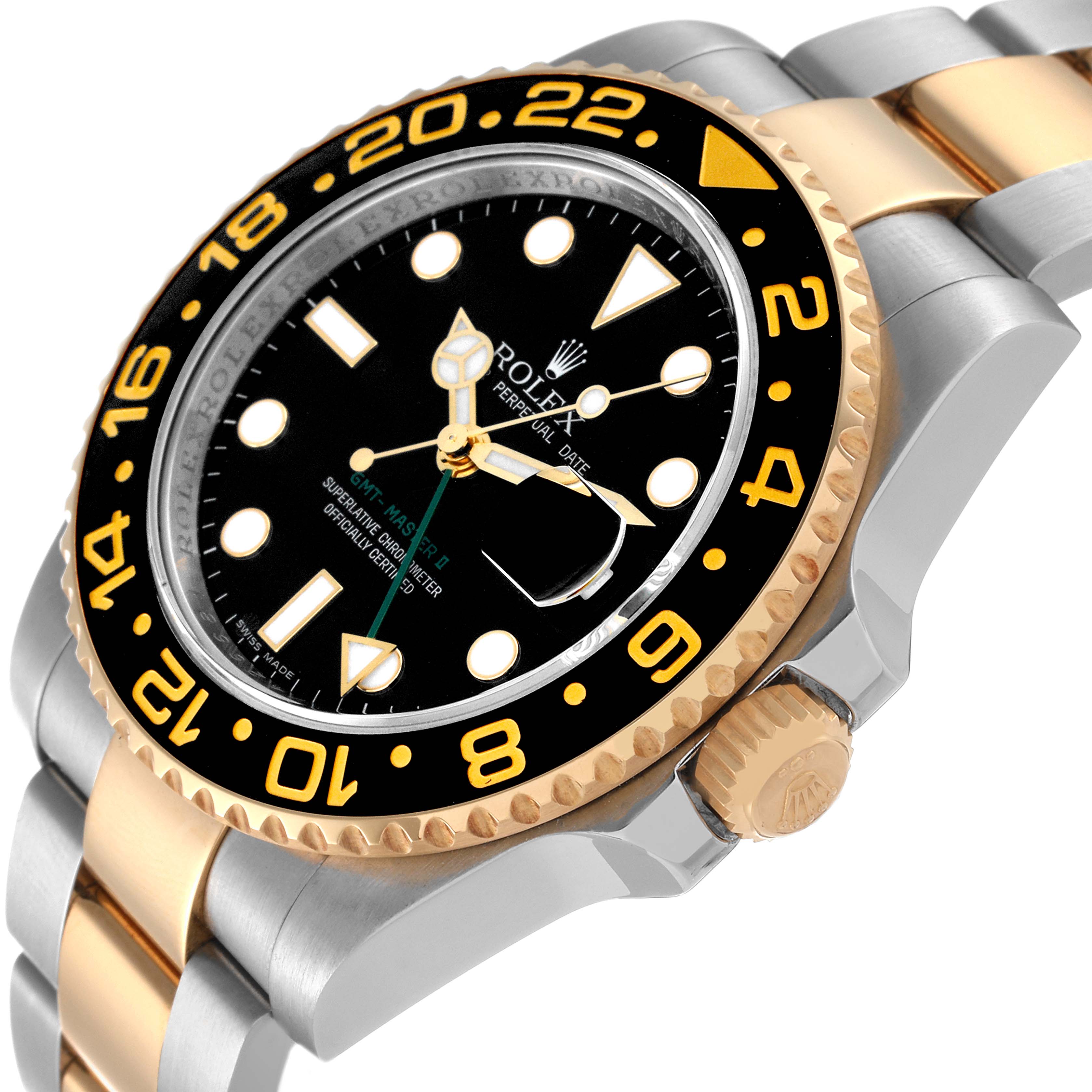 The image shows a side angle view of the Rolex GMT-Master 116713 Men's Steel and Gold (two tone) Black Dial 116713 Men's Steel and Gold (two tone) Black Dial watch, highlighting its bezel, dial, crown, and two-tone bracelet.