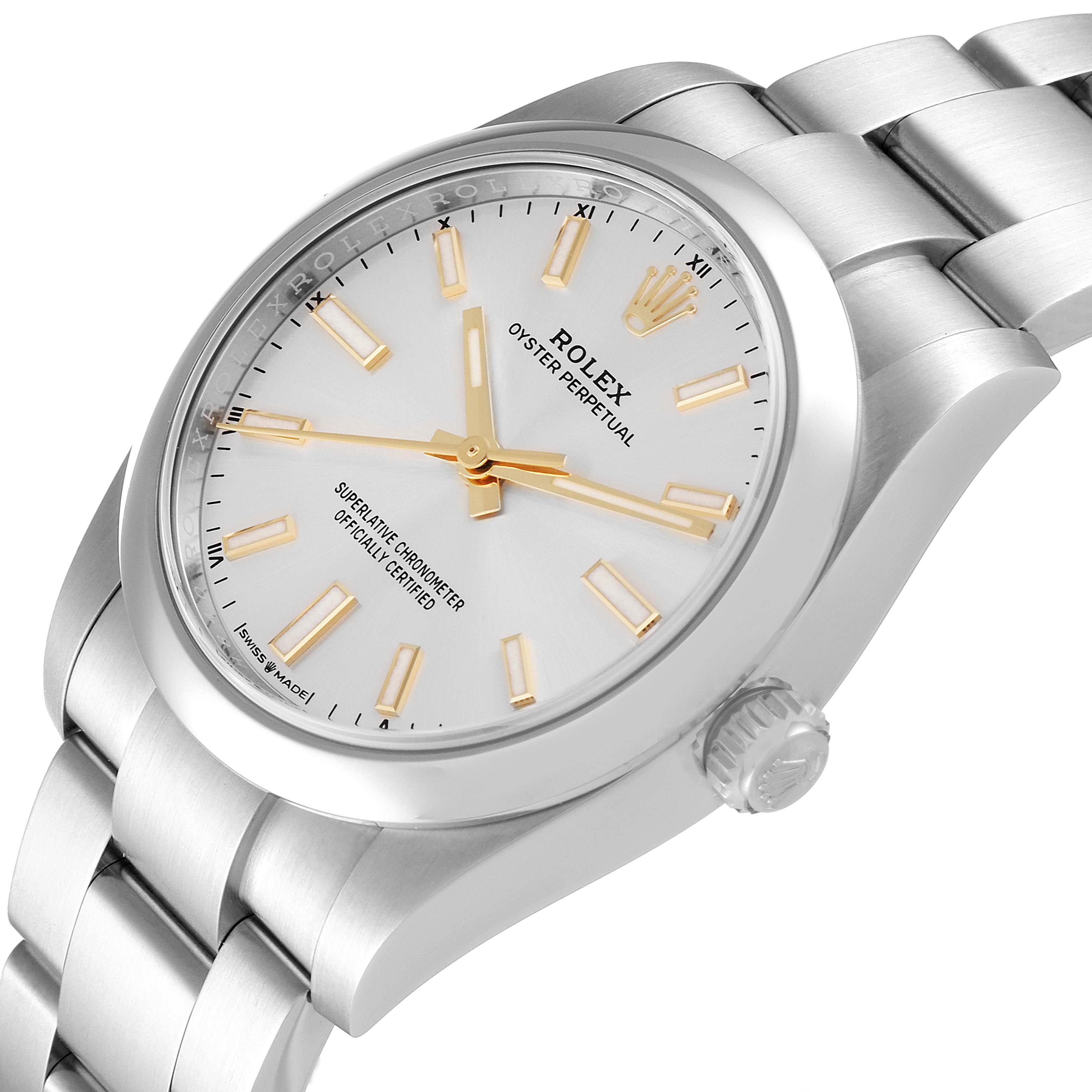 This image shows a close-up view of the Rolex Oyster Perpetual Date model watch, highlighting its dial, case, and bracelet.