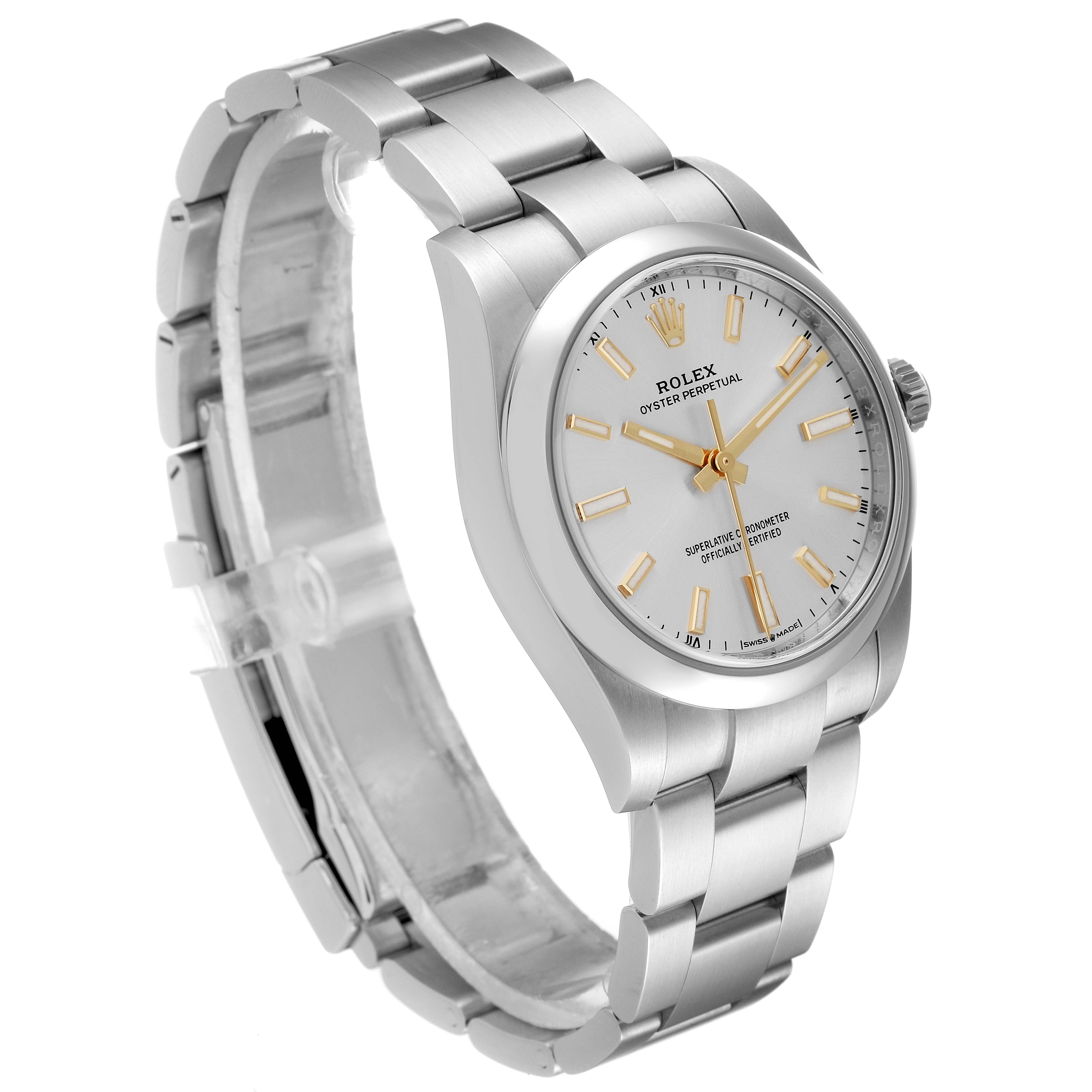 This image shows a Rolex Date 124200 Men's Stainless Steel Silver Dial 124200 Men's Stainless Steel Silver Dial model watch viewed from the front-left angle, displaying its dial, bracelet, and clasp.