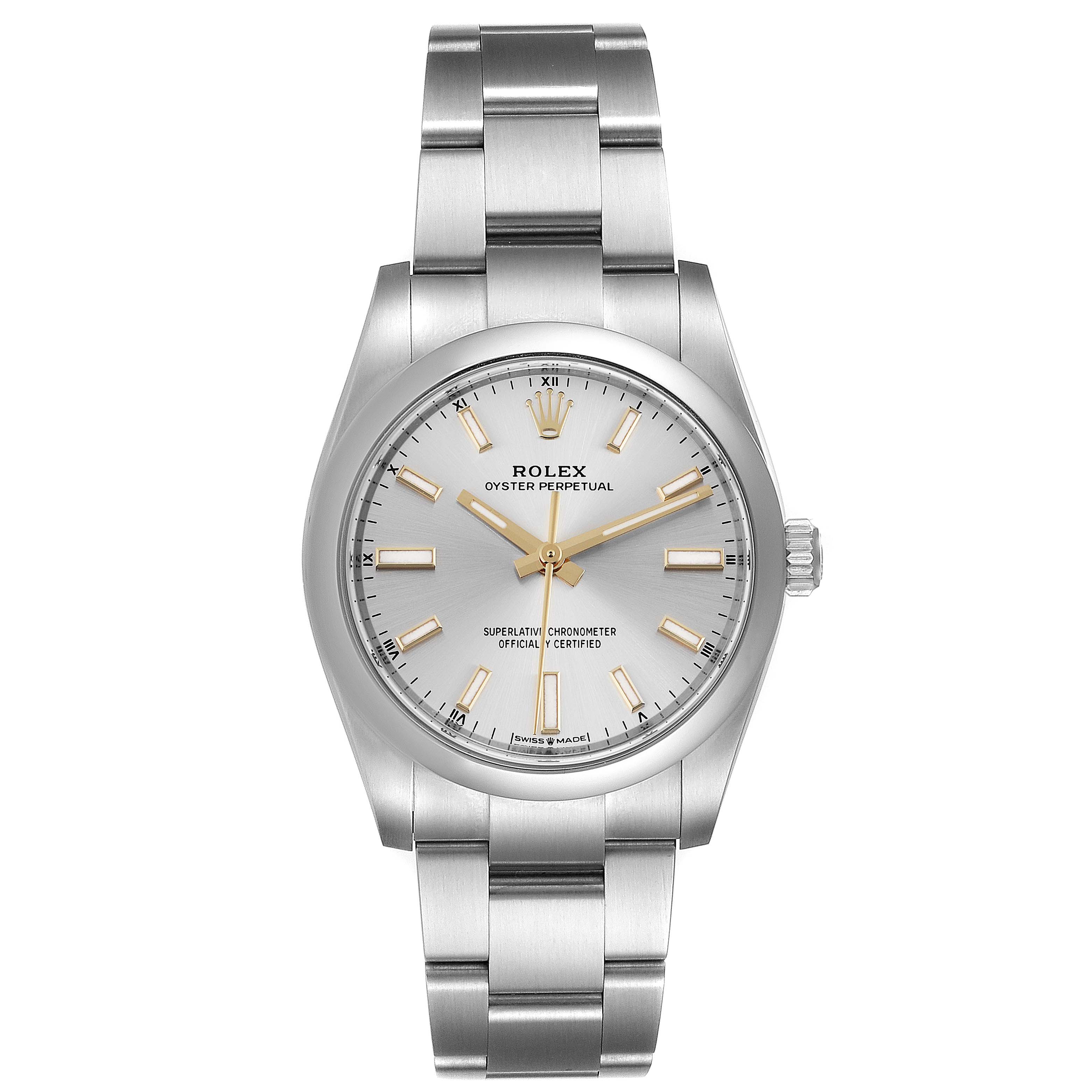 The Rolex Date 124200 Men's Stainless Steel Silver Dial 124200 Men's Stainless Steel Silver Dial model watch is shown from the front, displaying its dial, case, crown, and bracelet.