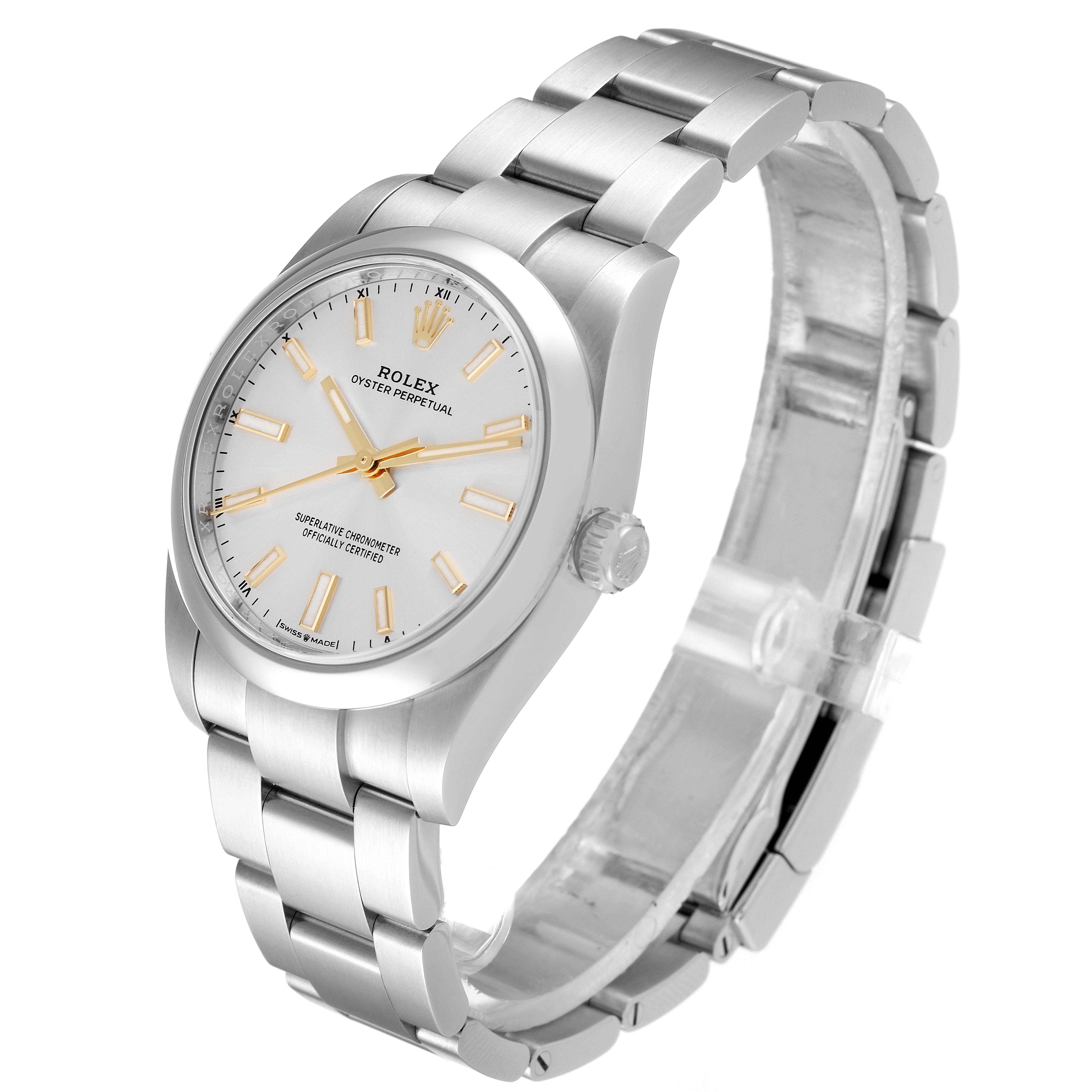 The image shows a Rolex Date 124200 Men's Stainless Steel Silver Dial 124200 Men's Stainless Steel Silver Dial model watch at an angle displaying its face, crown, and stainless steel bracelet.
