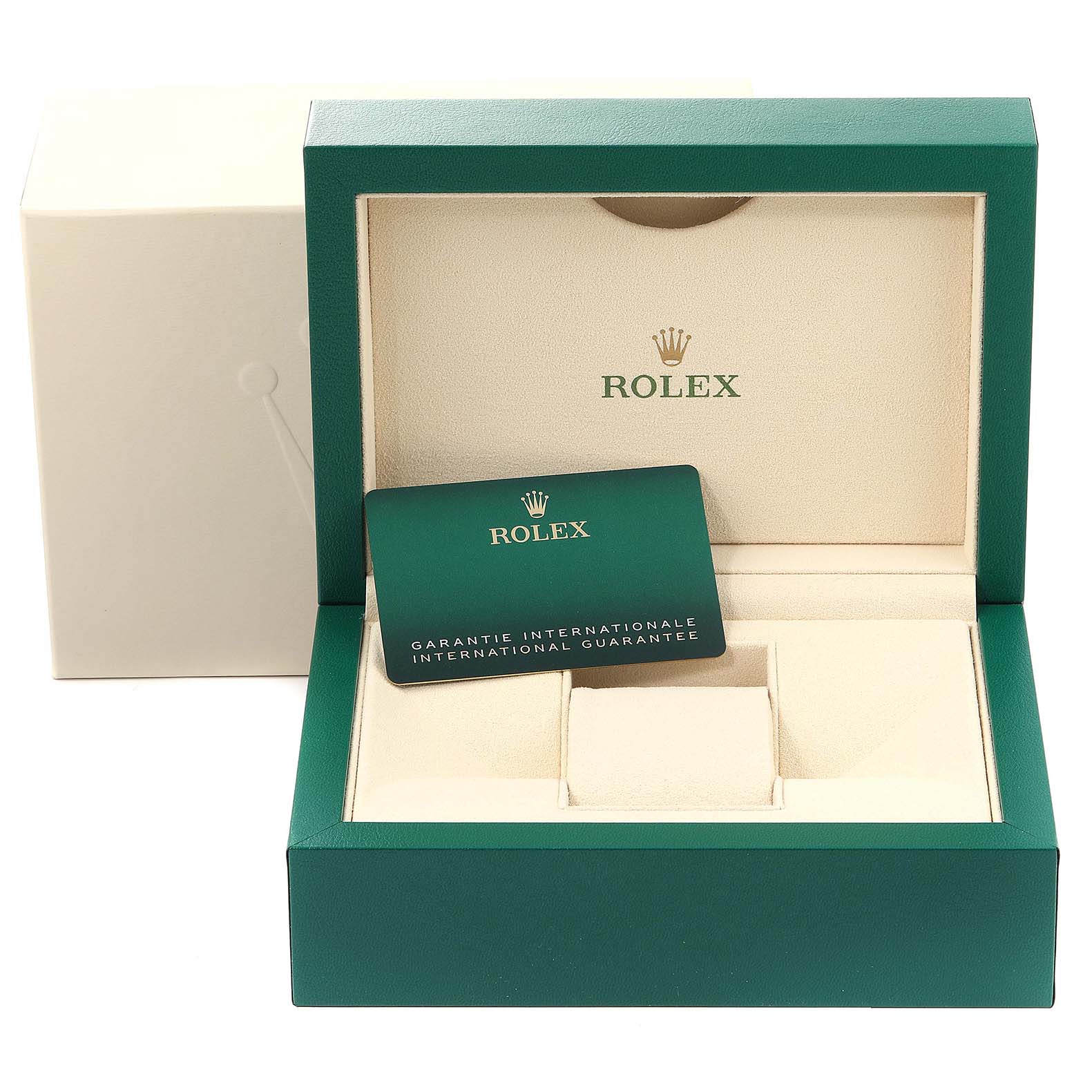 This image shows a Rolex Date 124200 Men's Stainless Steel Silver Dial 124200 Men's Stainless Steel Silver Dial model watch box, open, with an international guarantee card inside.