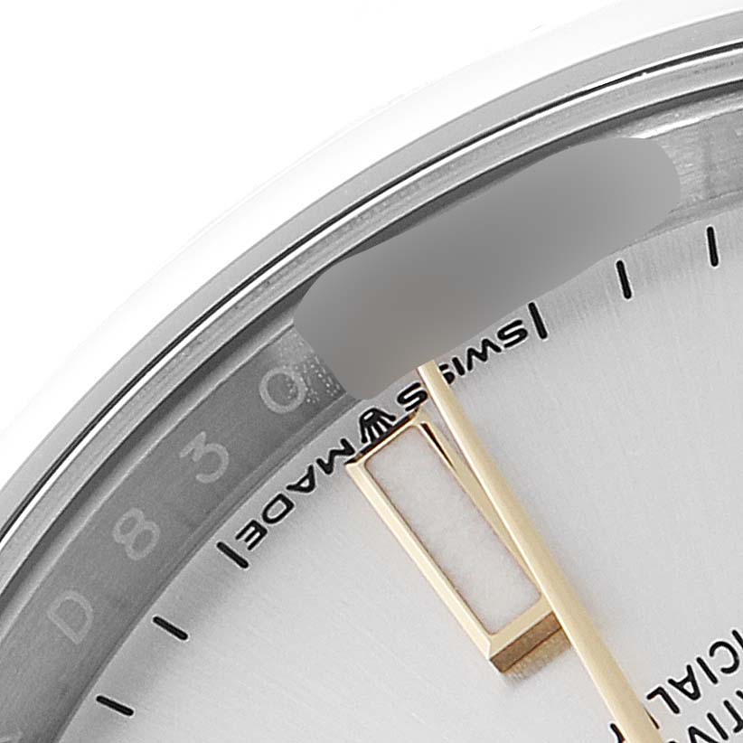 This close-up image shows the dial, hour marker, and part of the text "Swiss Made" on the Rolex Date 124200 Men's Stainless Steel Silver Dial 124200 Men's Stainless Steel Silver Dial model watch.