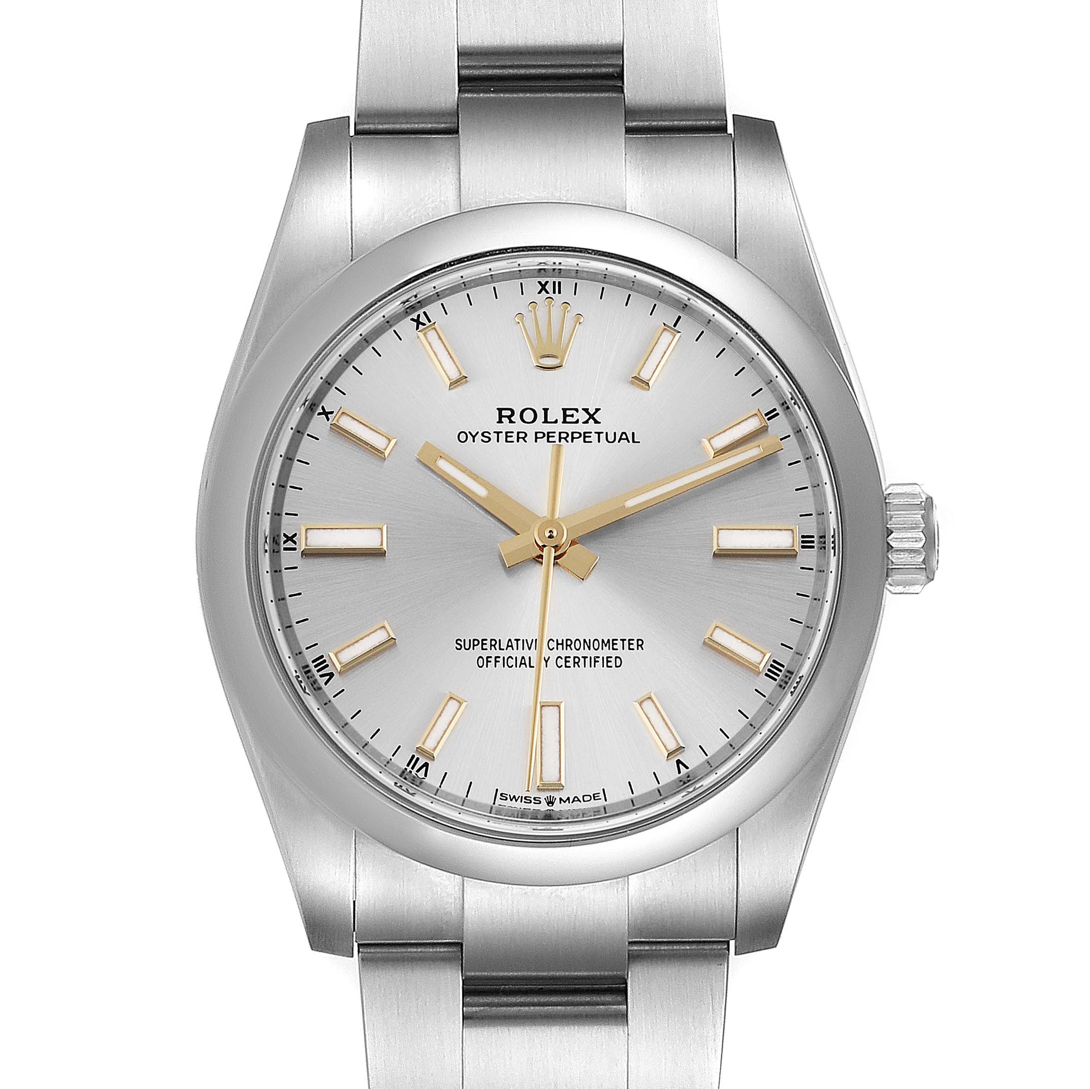 This image shows a front view of the Rolex Date 124200 Men's Stainless Steel Silver Dial 124200 Men's Stainless Steel Silver Dial watch, showcasing its dial, hands, crown, and part of the bracelet.