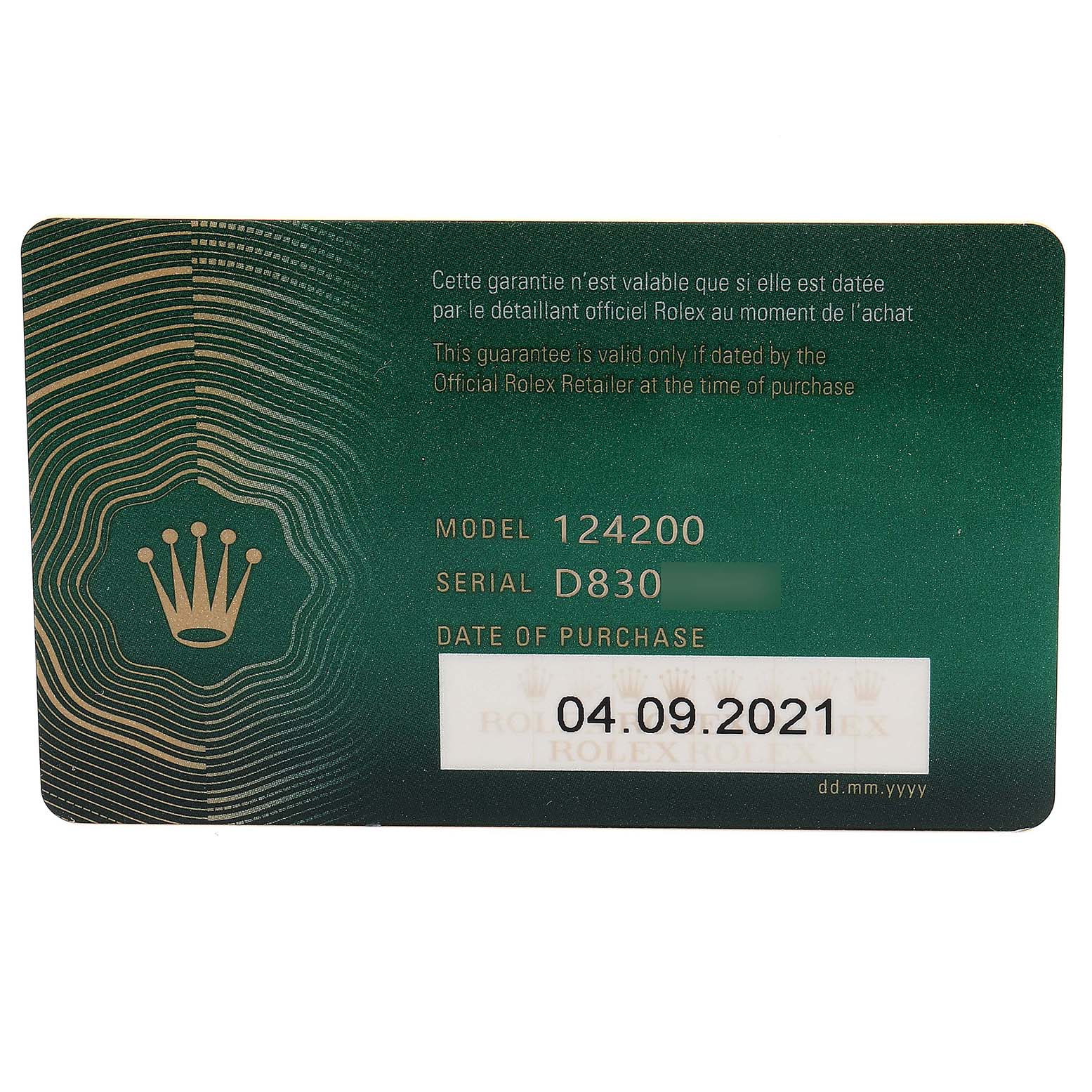 This image shows the warranty card for a Rolex Date 124200 Men's Stainless Steel Silver Dial 124200 Men's Stainless Steel Silver Dial model watch, including model number, serial number, and purchase date.