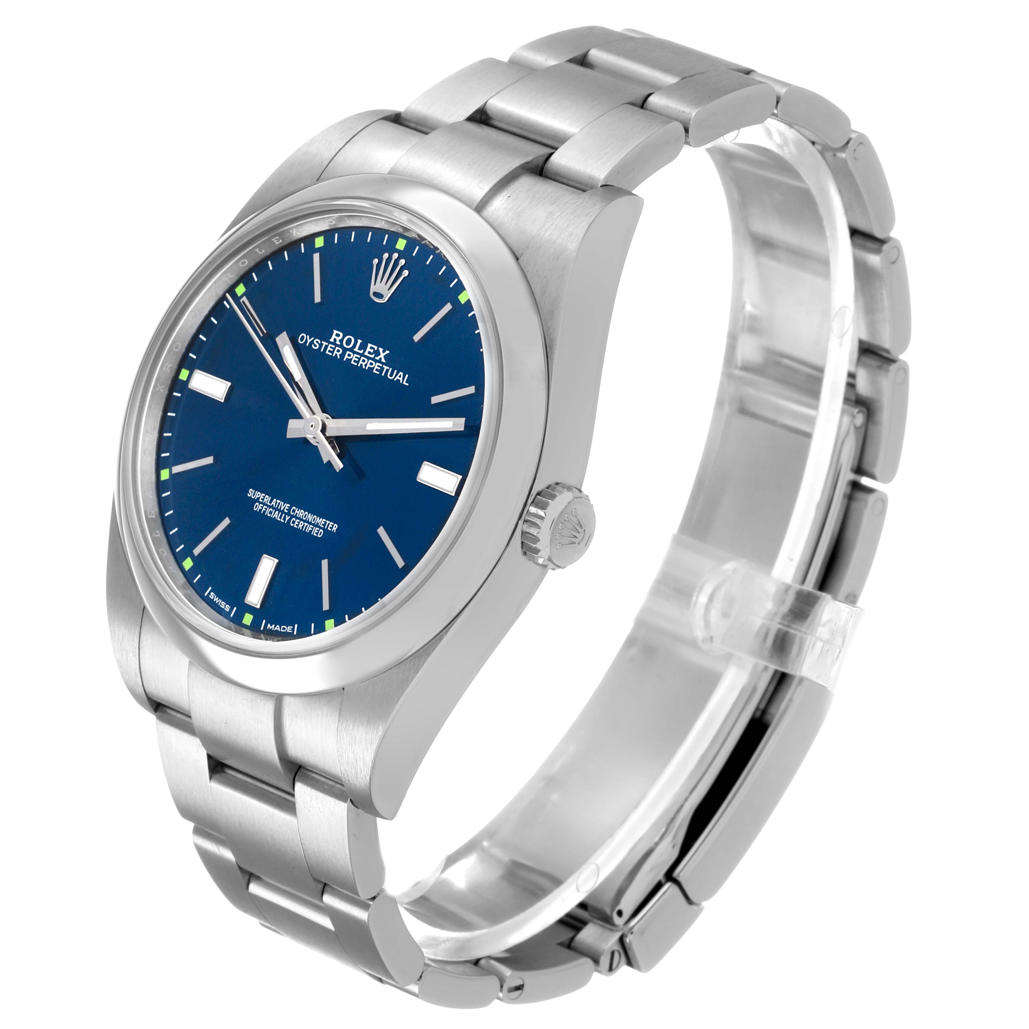 The Rolex Oyster Perpetual 114300 Men's Stainless Steel Blue Dial watch is shown at a three-quarter angle, highlighting its dial, case, and bracelet.