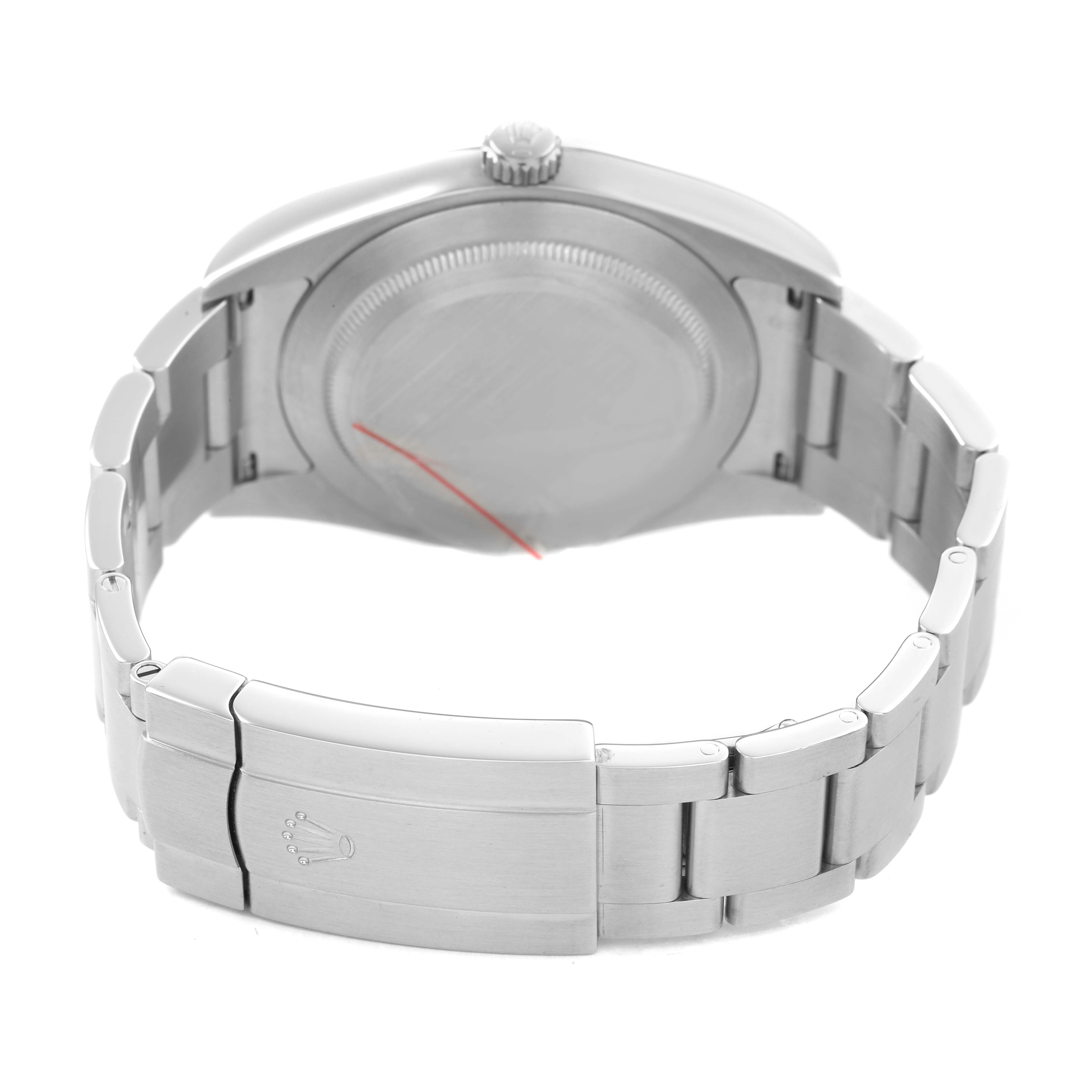 The image shows the back of a Rolex Oyster Perpetual 114300 Men's Stainless Steel Blue Dial watch, highlighting the bracelet and clasp.