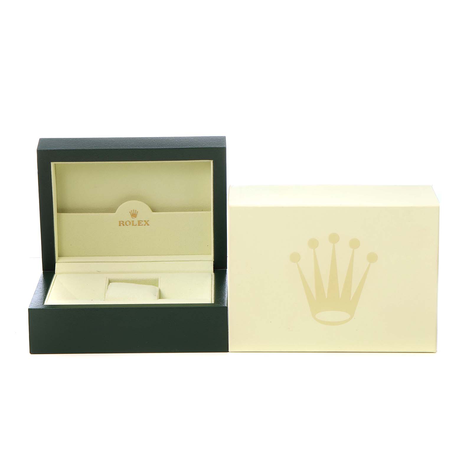 The image shows the open and closed case of a Rolex Oyster Perpetual 114300 Men's Stainless Steel Blue Dial watch, highlighting the iconic packaging.