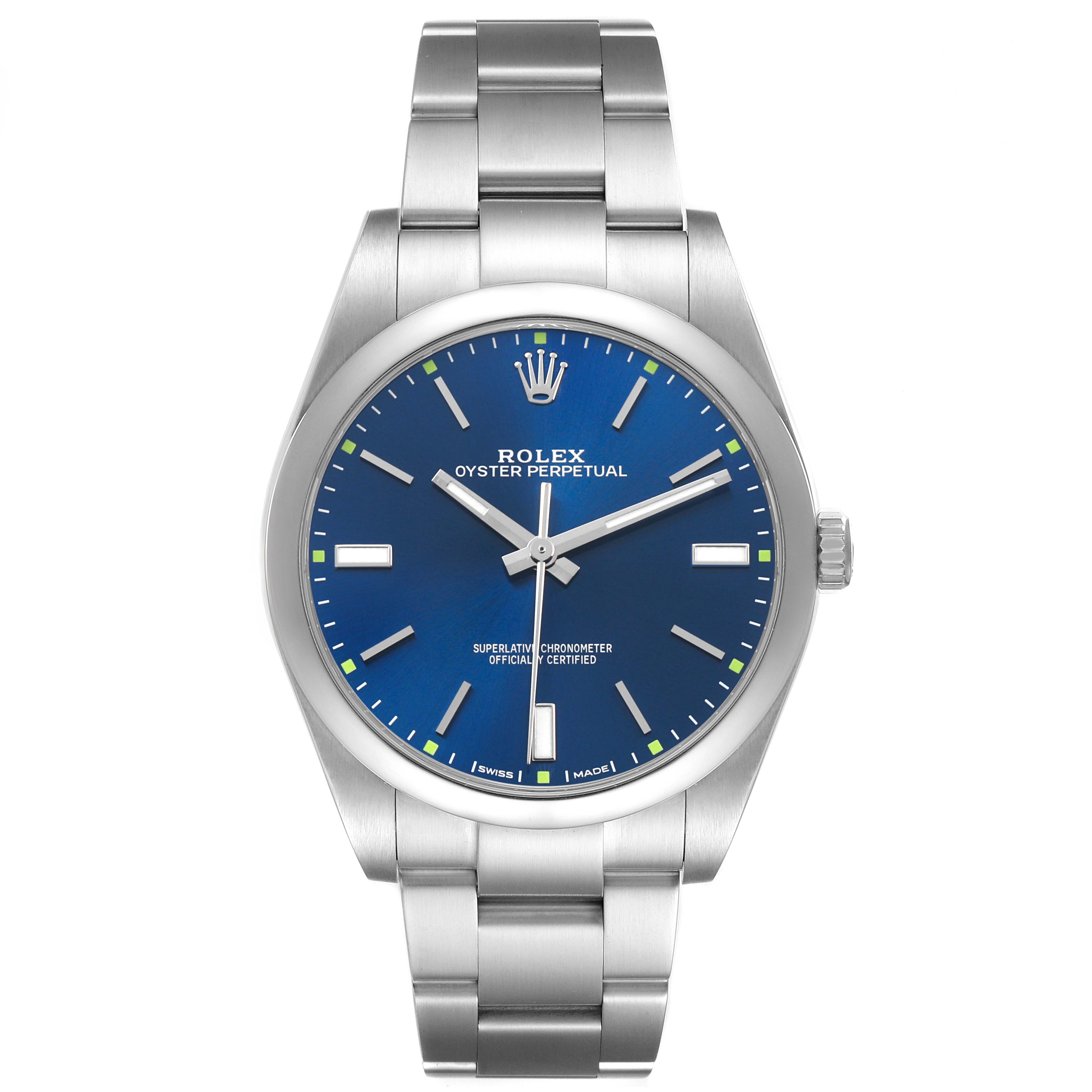 The Rolex Oyster Perpetual 114300 Men's Stainless Steel Blue Dial watch is shown from the front, highlighting the face, bezel, and bracelet.