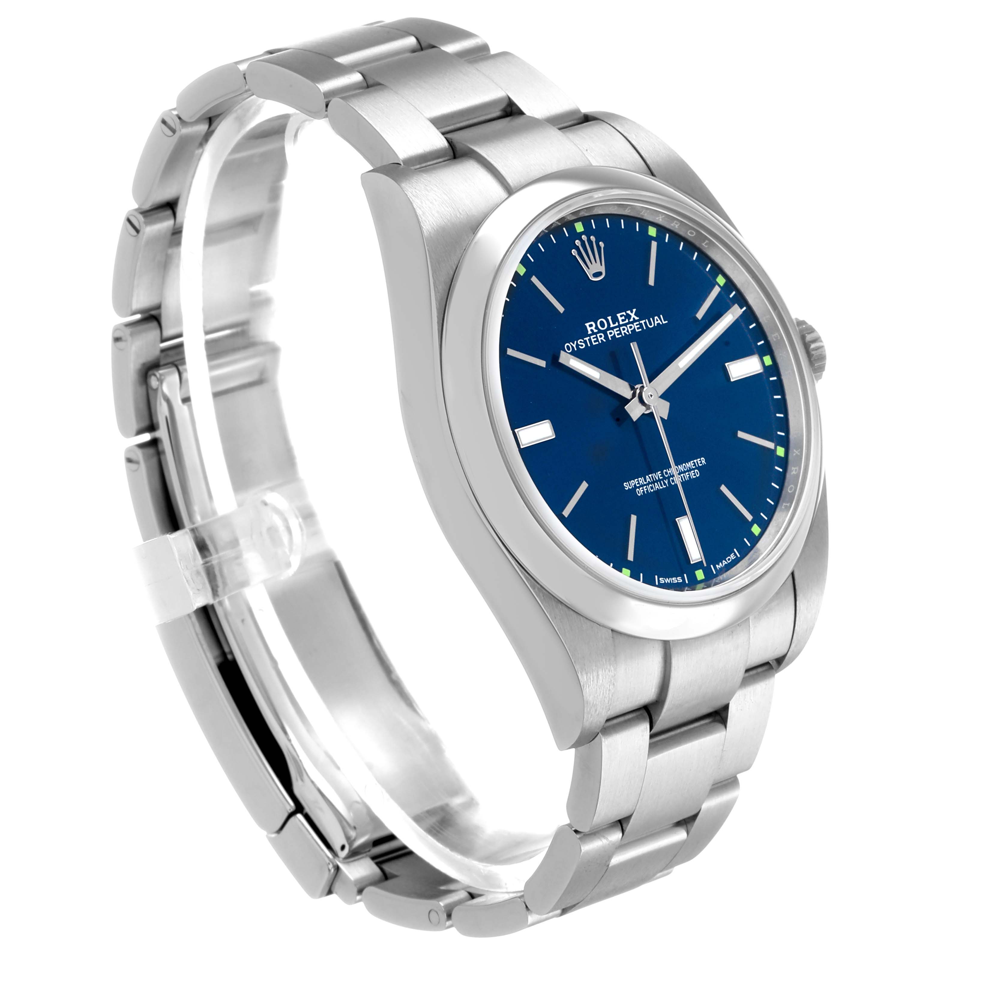 The Rolex Oyster Perpetual 114300 Men's Stainless Steel Blue Dial watch is shown at a three-quarter angle, displaying the face and bracelet clearly.