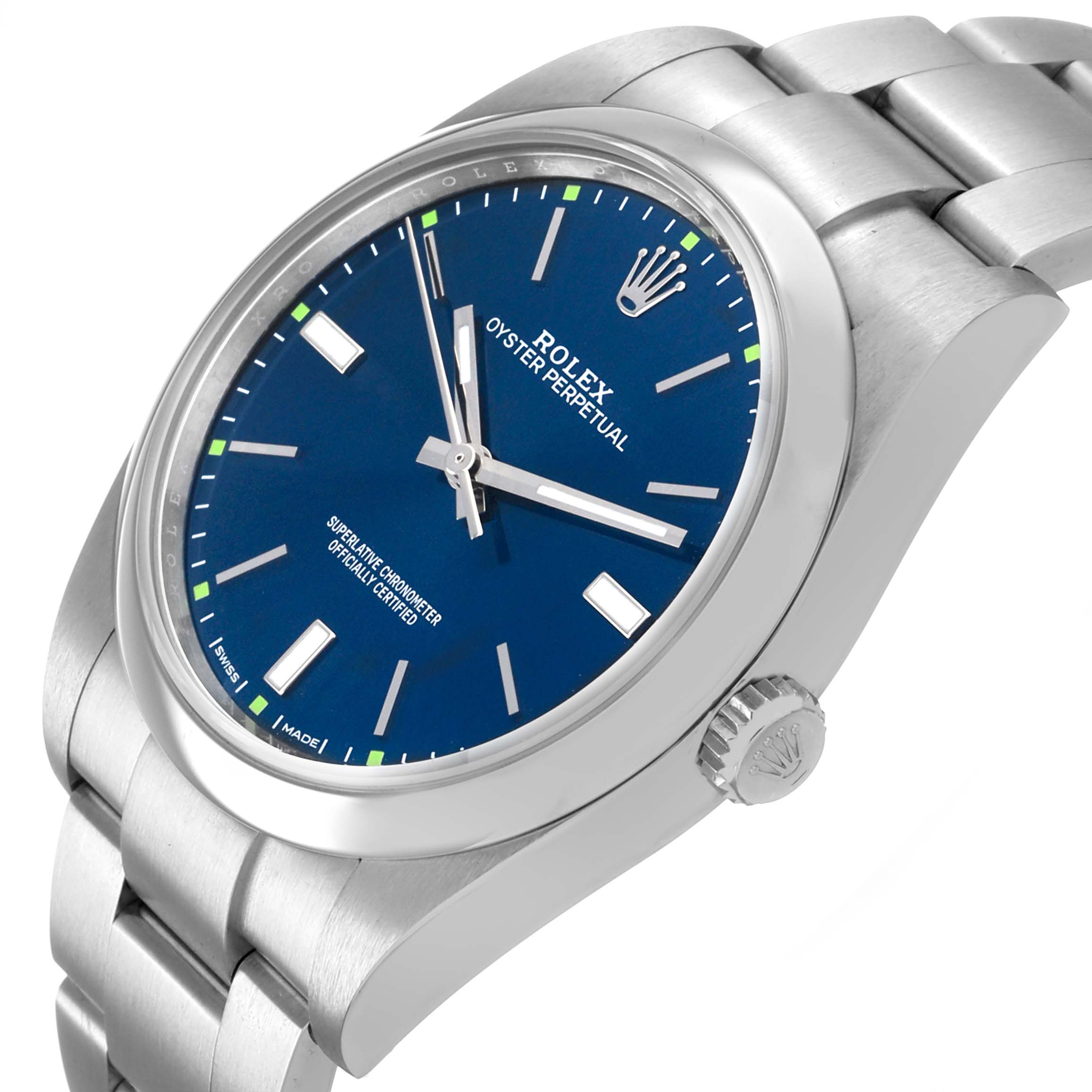 The Rolex Oyster Perpetual 114300 Men's Stainless Steel Blue Dial watch is shown at a slight angle, displaying the blue dial, bezel, crown, and part of the bracelet.