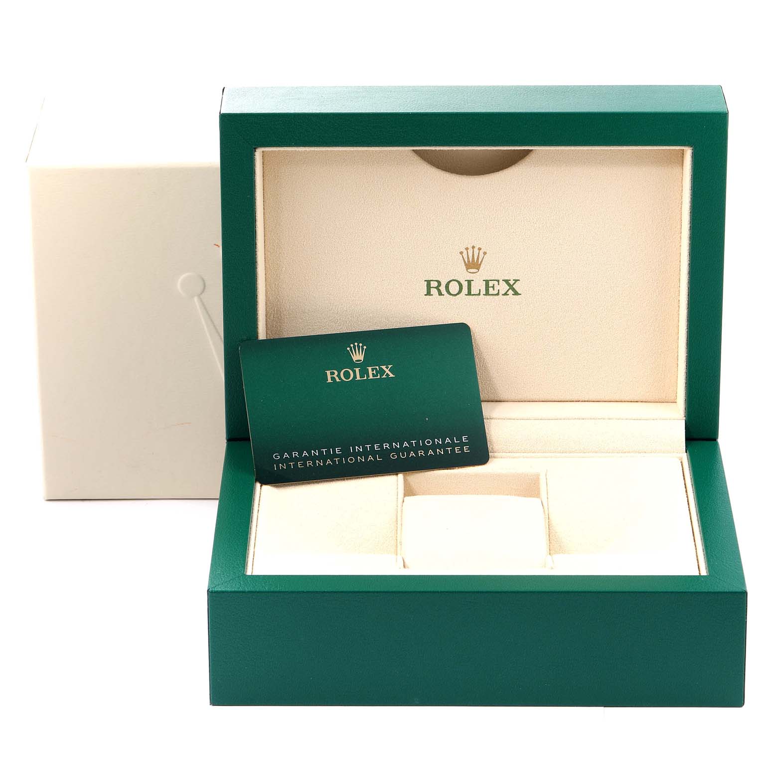 The image shows an open Rolex Oyster Perpetual 126000 Men's Stainless Steel Blue Dial 126000 Men's Stainless Steel Blue Dial watch box with a green international guarantee card inside.