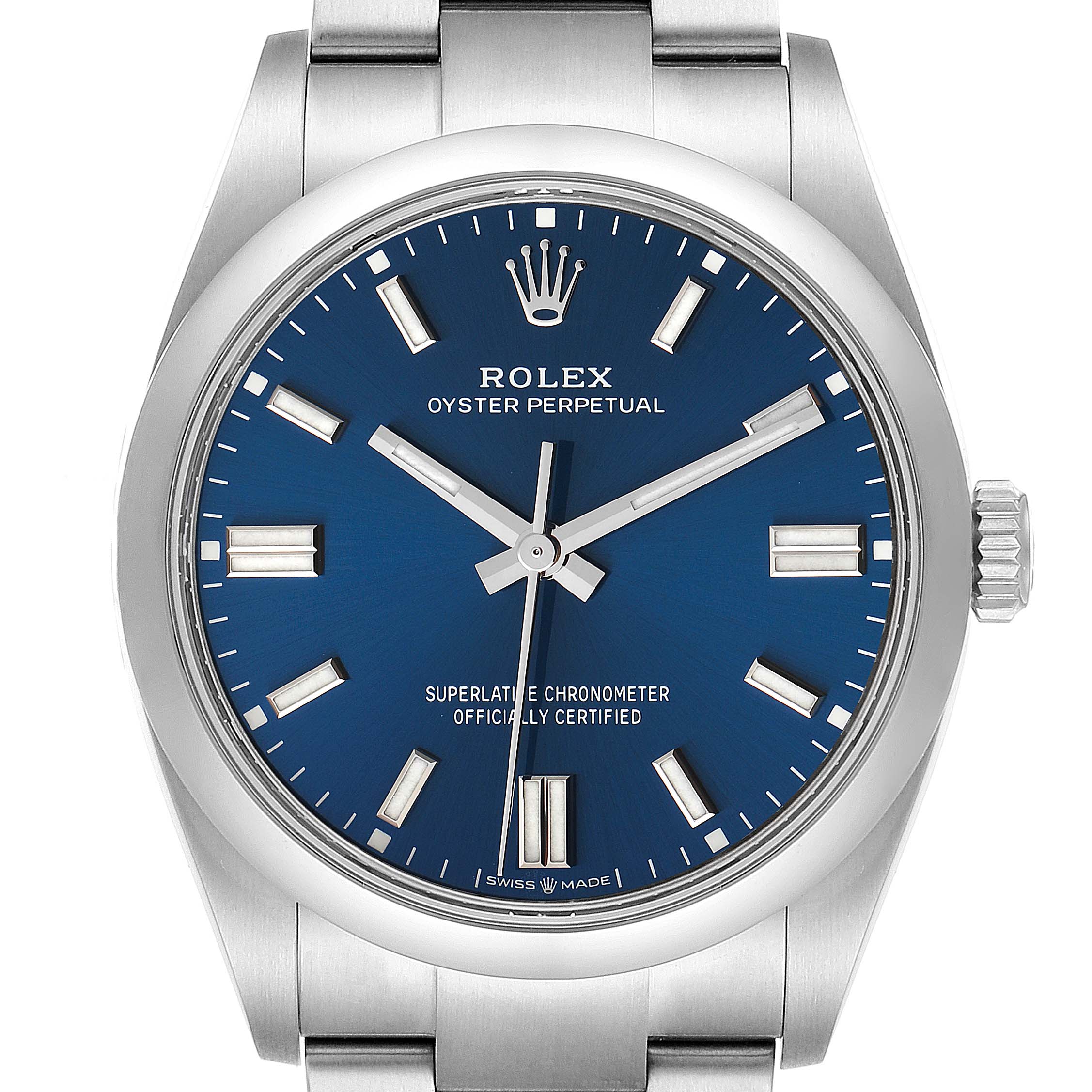 This image shows a front view of a Rolex Oyster Perpetual 126000 Men's Stainless Steel Blue Dial 126000 Men's Stainless Steel Blue Dial watch, showcasing its blue dial, silver markers, and stainless steel bracelet.