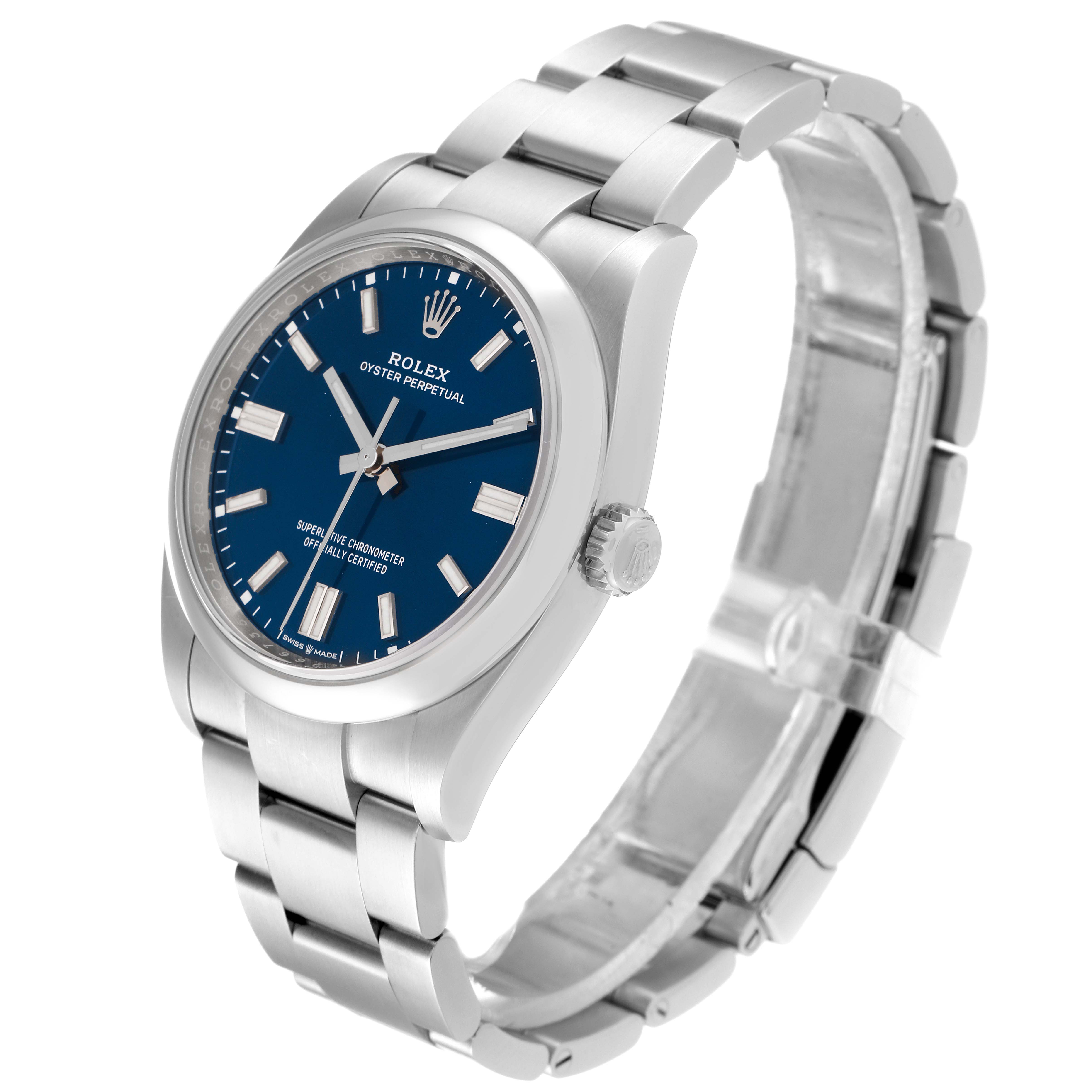 This image shows a side angle of the Rolex Oyster Perpetual 126000 Men's Stainless Steel Blue Dial 126000 Men's Stainless Steel Blue Dial watch, highlighting its blue dial, crown, and metal bracelet.