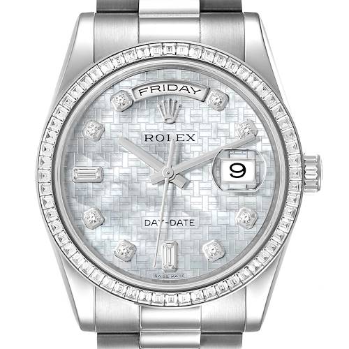 Photo of Rolex President Day-Date White Gold Diamond Dial Bezel Watch 118399 Box Card