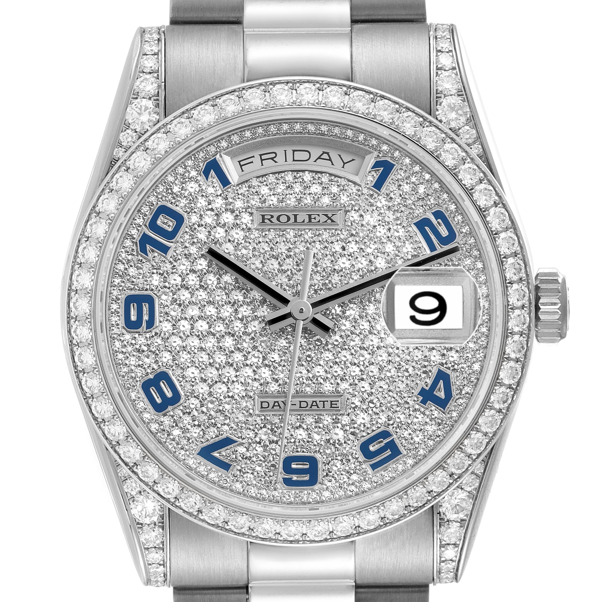 The Rolex President 118389 Men
s White Gold White Dial 118389 Men
s White Gold White Dial model watch is shown from a front angle, highlighting the diamond-encrusted bezel, dial, and day-date feature.