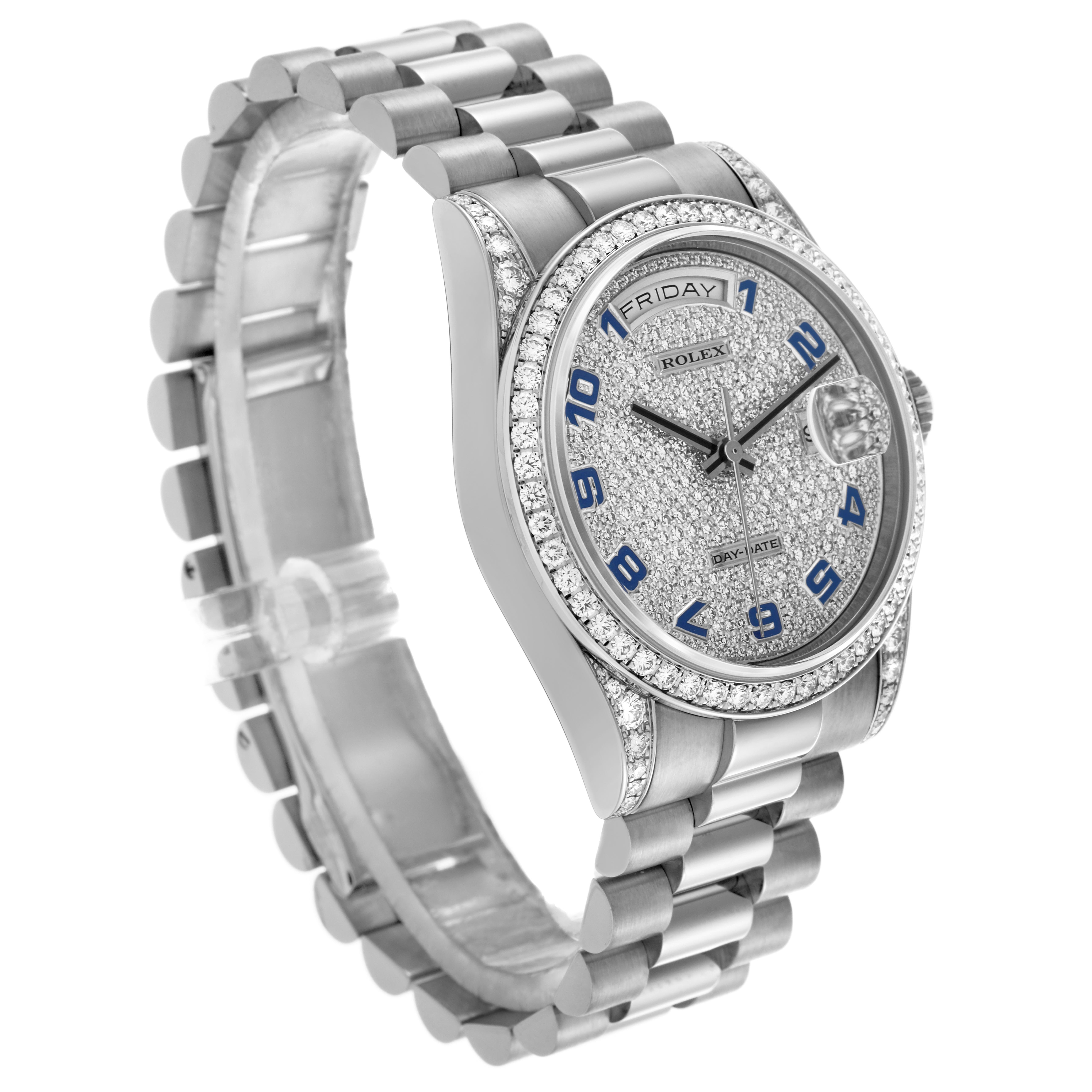 The Rolex President 118389 Men
s White Gold White Dial 118389 Men
s White Gold White Dial watch is shown at a three-quarter angle, displaying its dial, bezel, and bracelet.