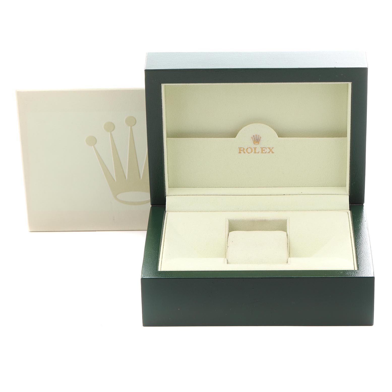 The image shows an open box for a Rolex President 118389 Men
s White Gold White Dial 118389 Men
s White Gold White Dial model, featuring a green exterior and a light interior with the Rolex logo.