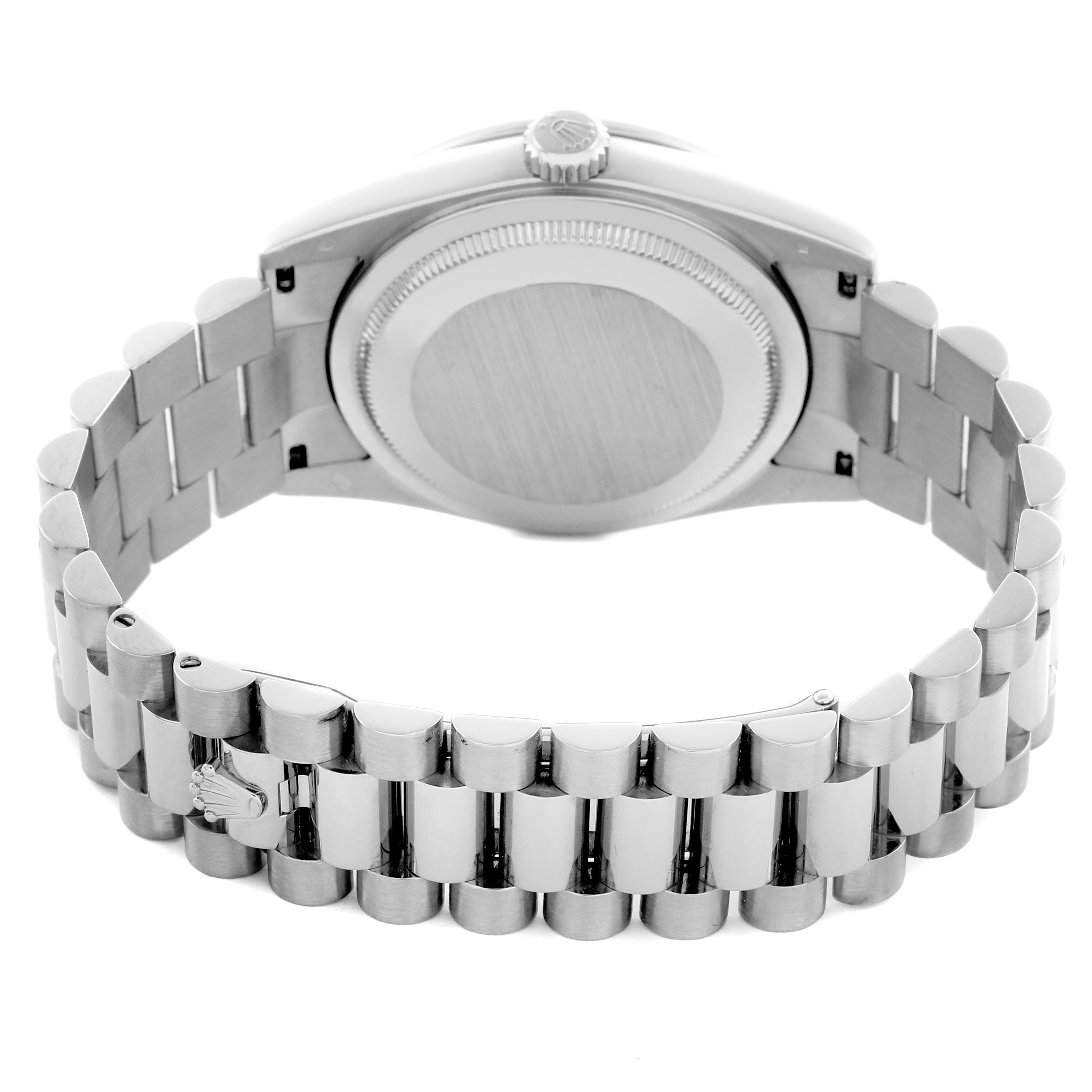 The image shows the back and bracelet of a Rolex President 118389 Men
s White Gold White Dial 118389 Men
s White Gold White Dial model, highlighting the clasp and caseback from a rear angle.