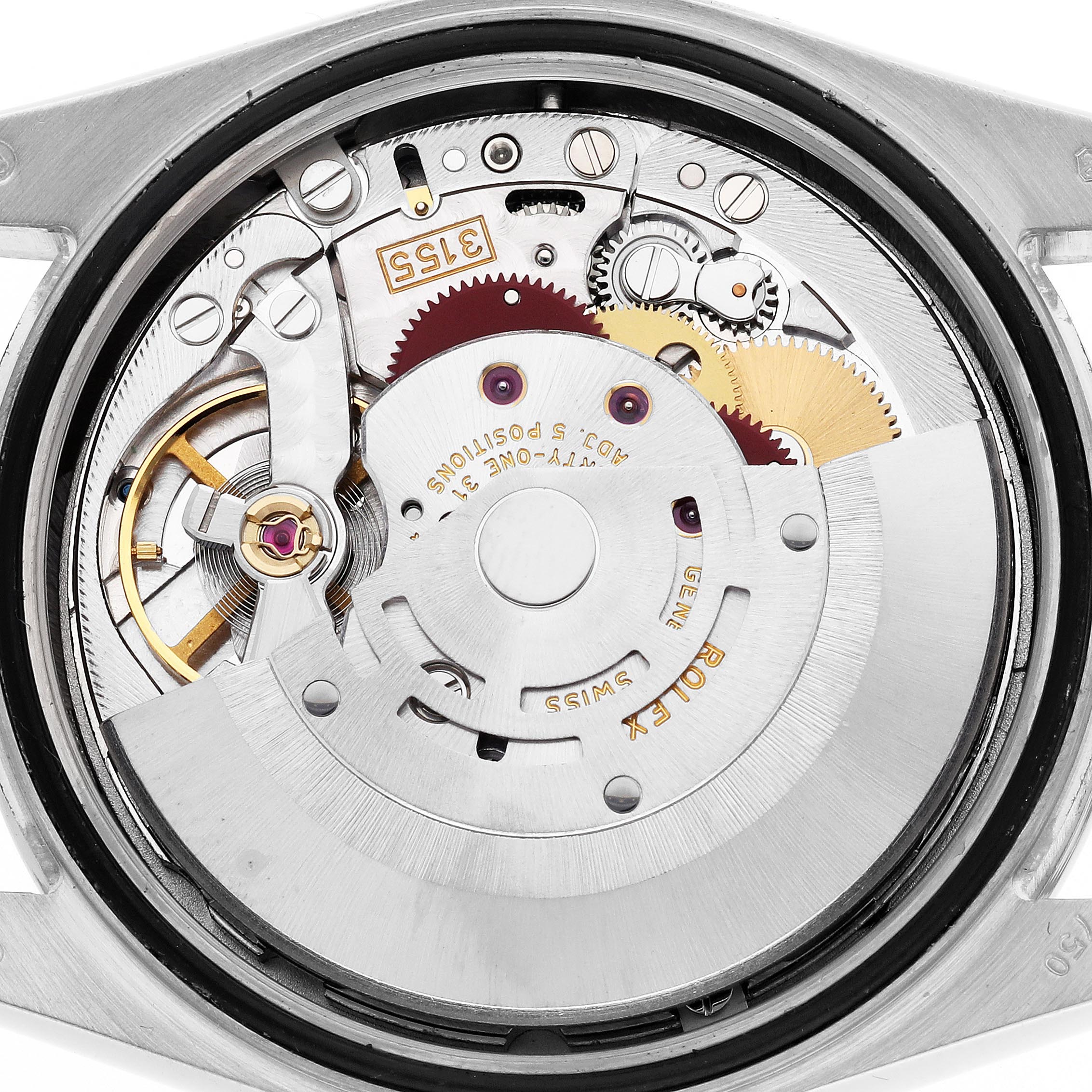 The image shows the inner mechanism of the Rolex President 118389 Men
s White Gold White Dial 118389 Men
s White Gold White Dial model watch, focusing on the rotor and gears from a top-down angle.