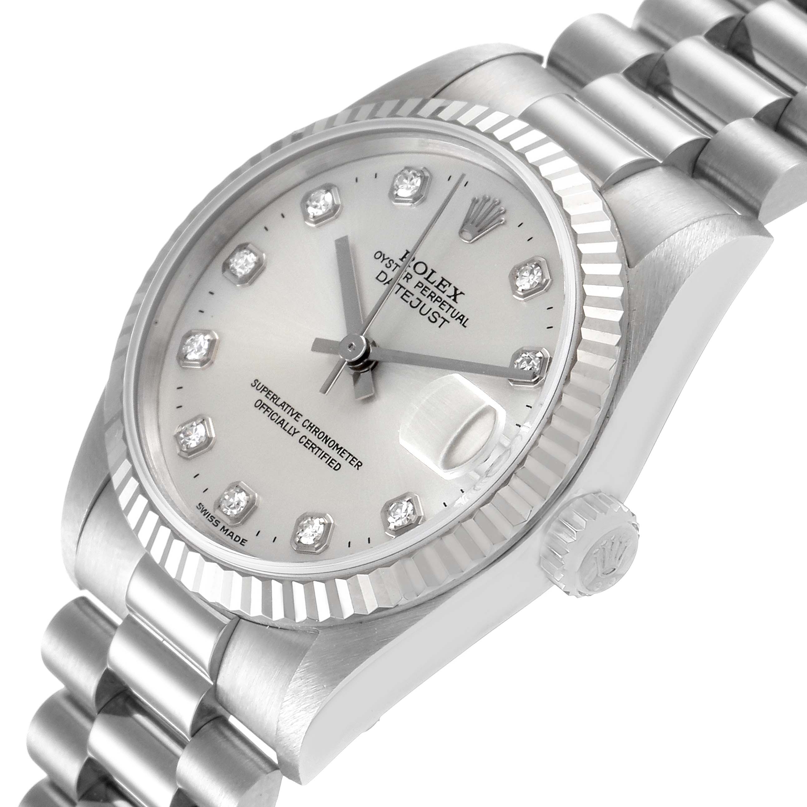 The image shows a Rolex President 78279 Women's White Gold Silver Dial 78279 Women's White Gold Silver Dial model watch at an angled view, highlighting its dial, bezel, crown, and bracelet.