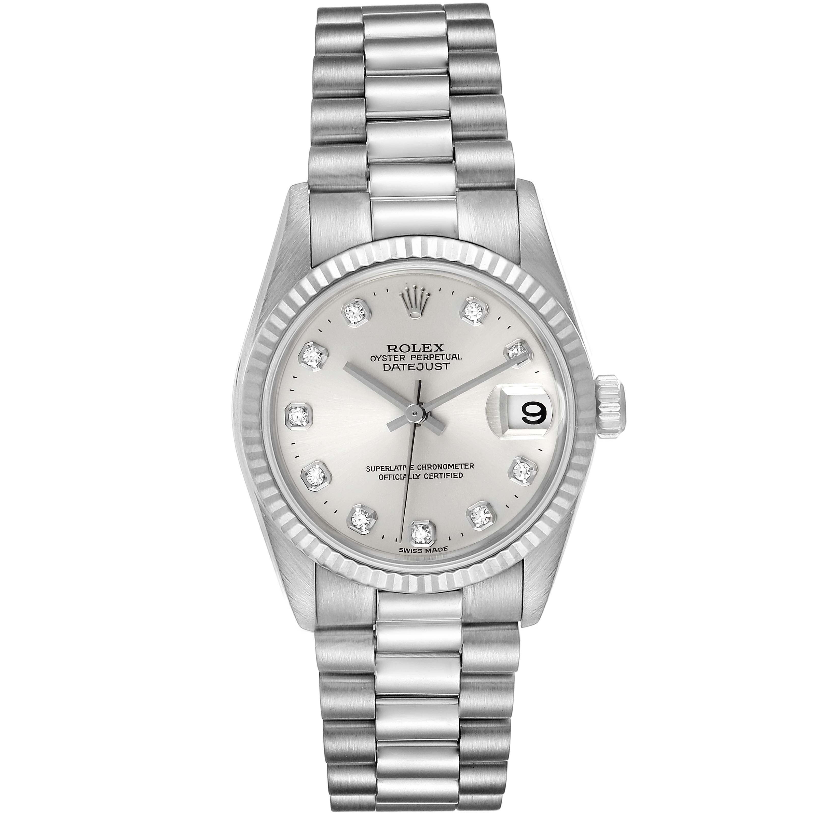 The image shows a front view of a Rolex President 78279 Women's White Gold Silver Dial 78279 Women's White Gold Silver Dial model watch, displaying the dial, bezel, crown, and bracelet.
