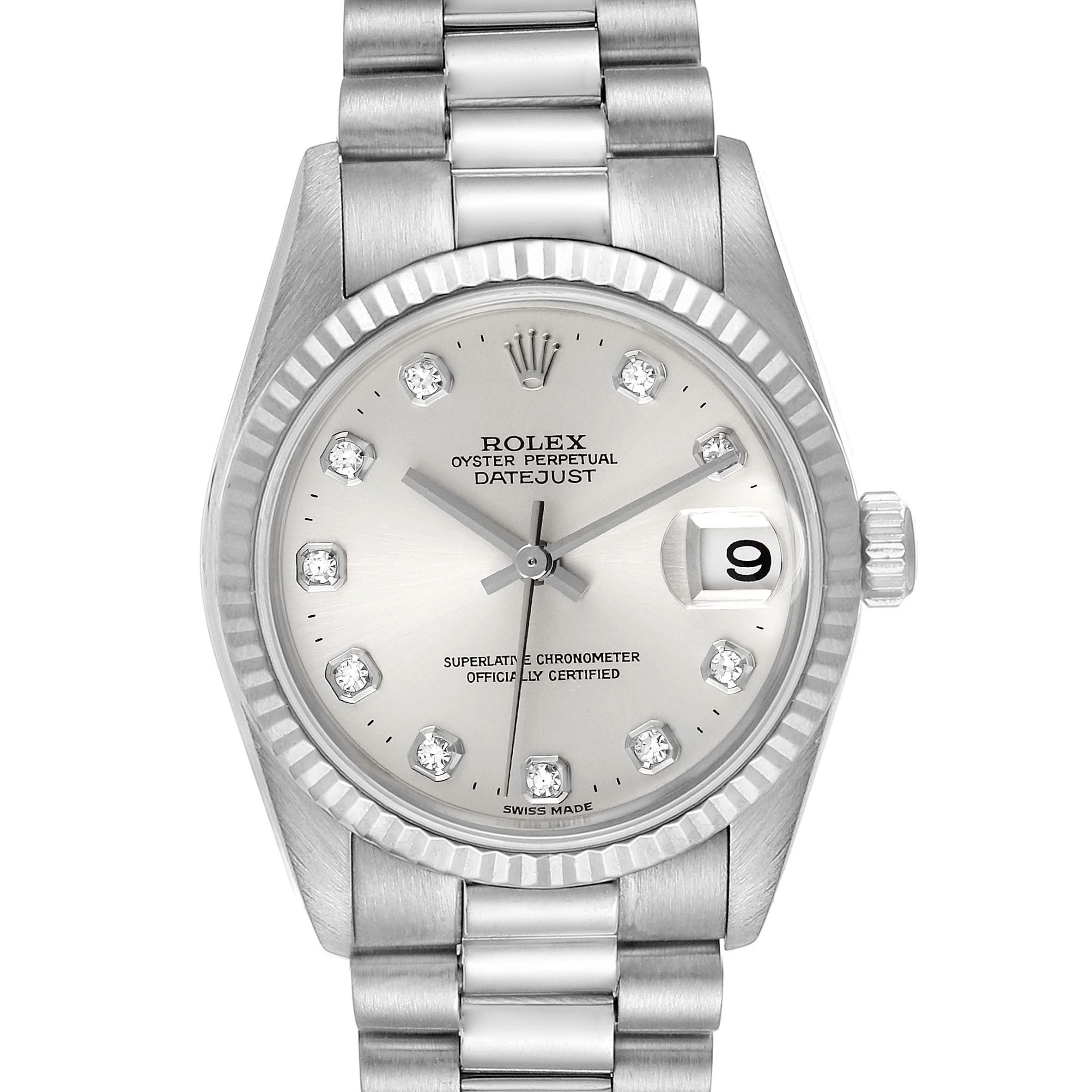This Rolex President 78279 Women's White Gold Silver Dial 78279 Women's White Gold Silver Dial model watch is shown from the front, featuring its dial, bezel, bracelet, and date window.