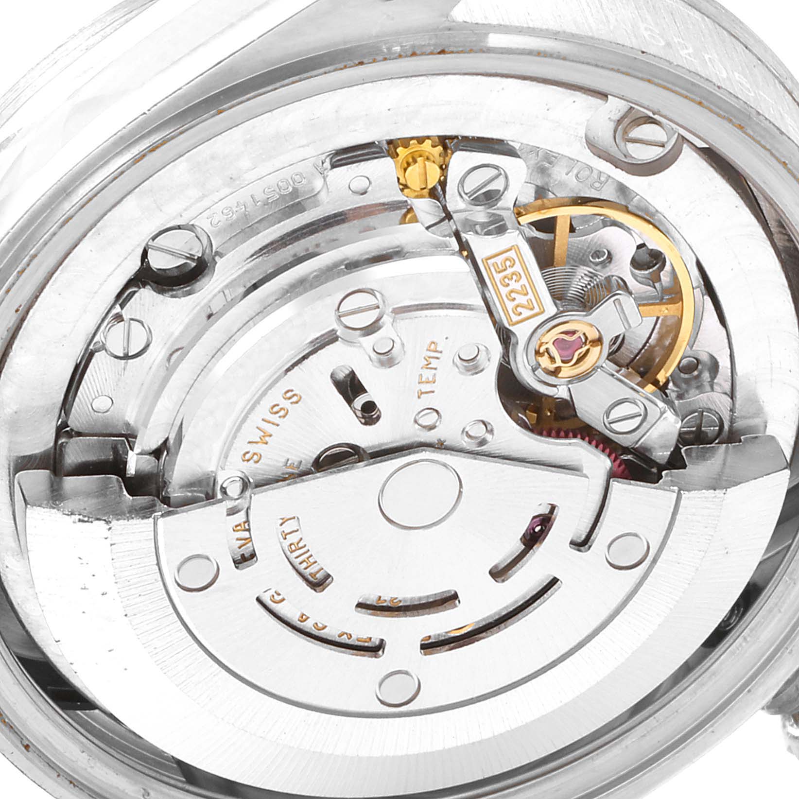 This image shows a close-up view of the internal movement components of a Rolex President 78279 Women's White Gold Silver Dial 78279 Women's White Gold Silver Dial model watch.