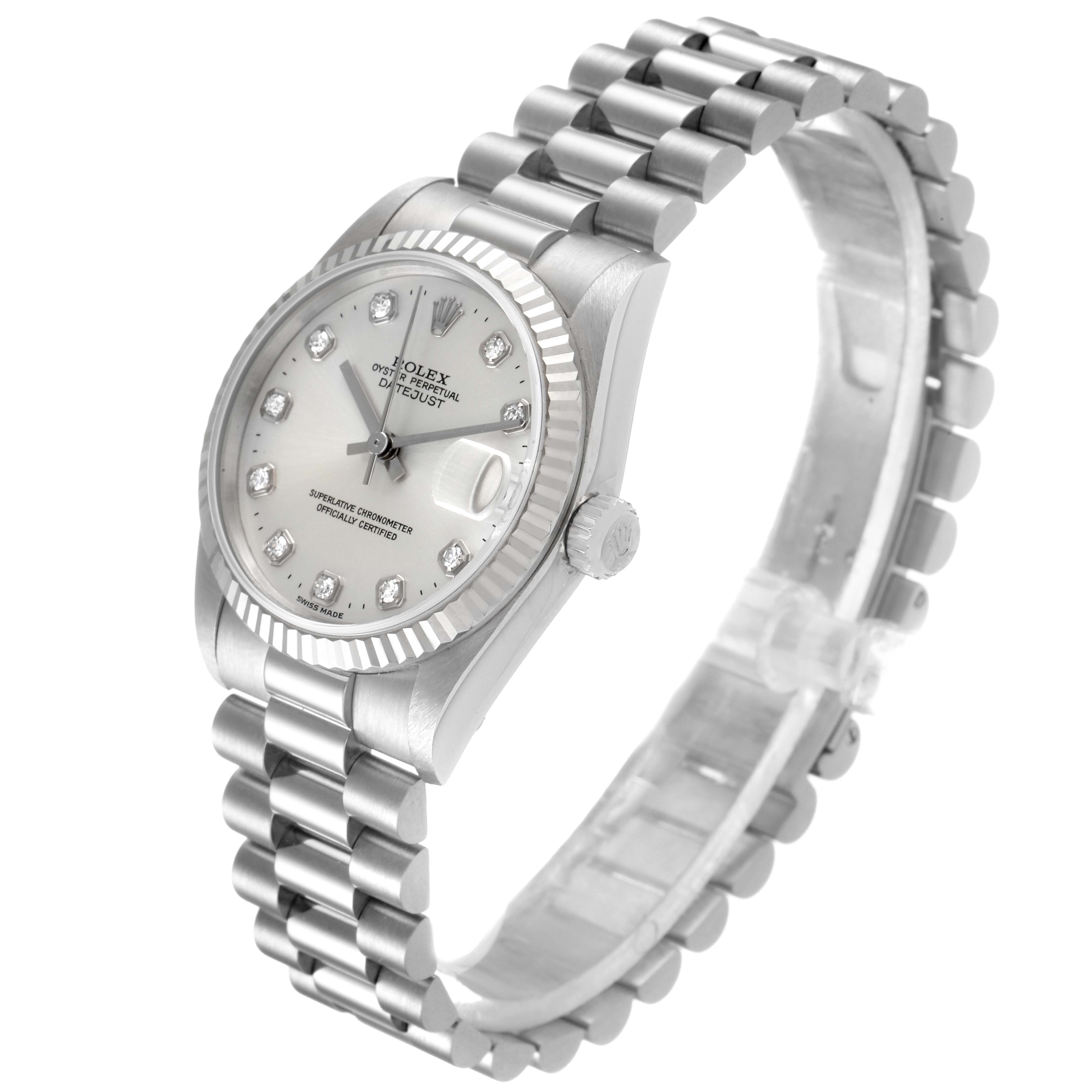 The Rolex President 78279 Women's White Gold Silver Dial 78279 Women's White Gold Silver Dial model watch is shown from a three-quarter view, highlighting the dial, bezel, crown, and bracelet.