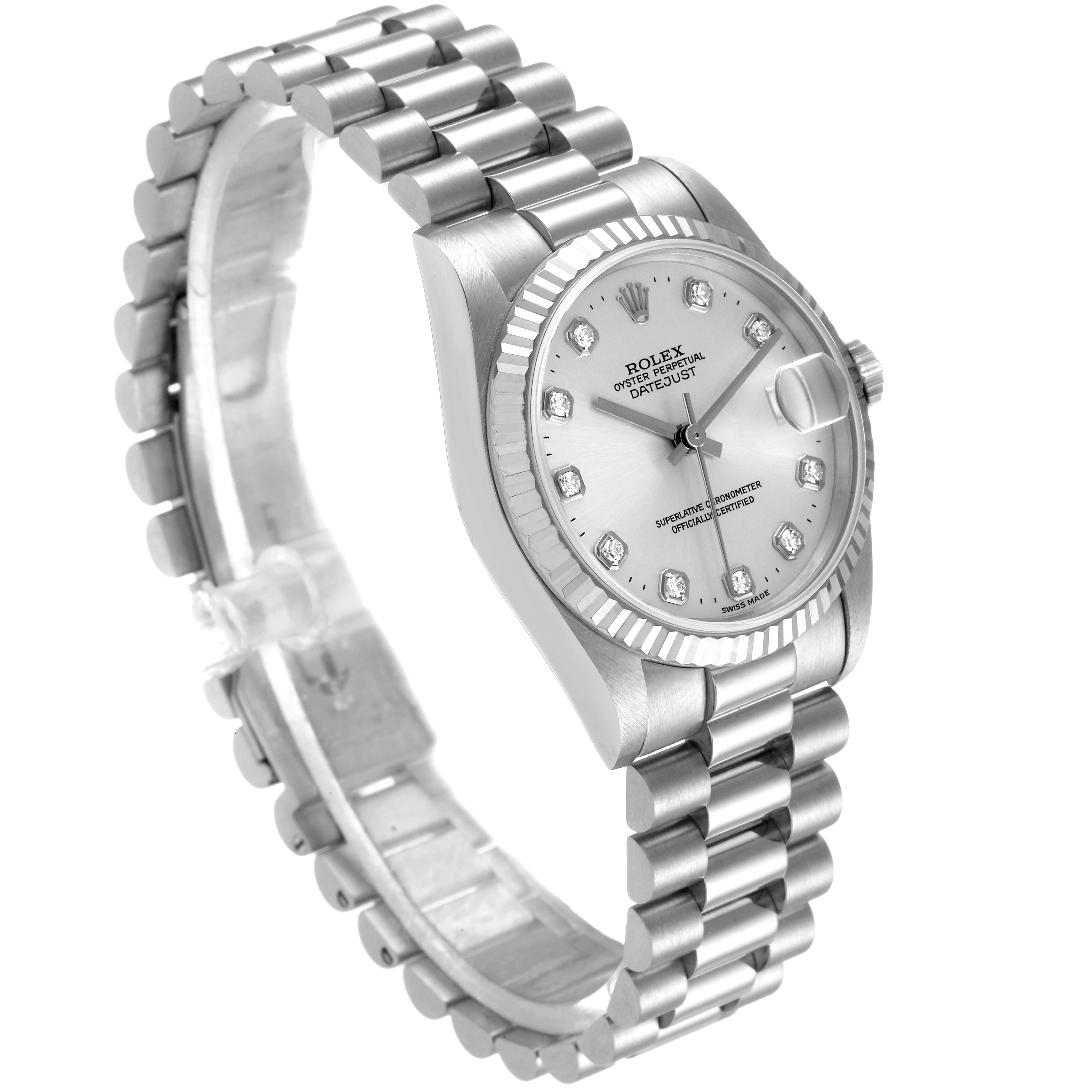 The Rolex President 78279 Women's White Gold Silver Dial 78279 Women's White Gold Silver Dial model watch is shown at a three-quarter angle, highlighting its bracelet and diamond-accented dial.
